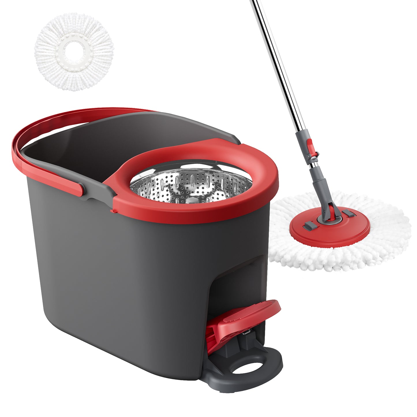 Spin Floor Mop Set with Pedal Wringer, Telescopic Handle, Microfiber Pad, for Home Cleaning, Red and Gray