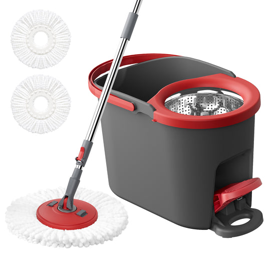 Spin Floor Mop Set with Pedal Wringer, Telescopic Handle, 2 Microfiber Pads, for Home Cleaning, Red and Gray