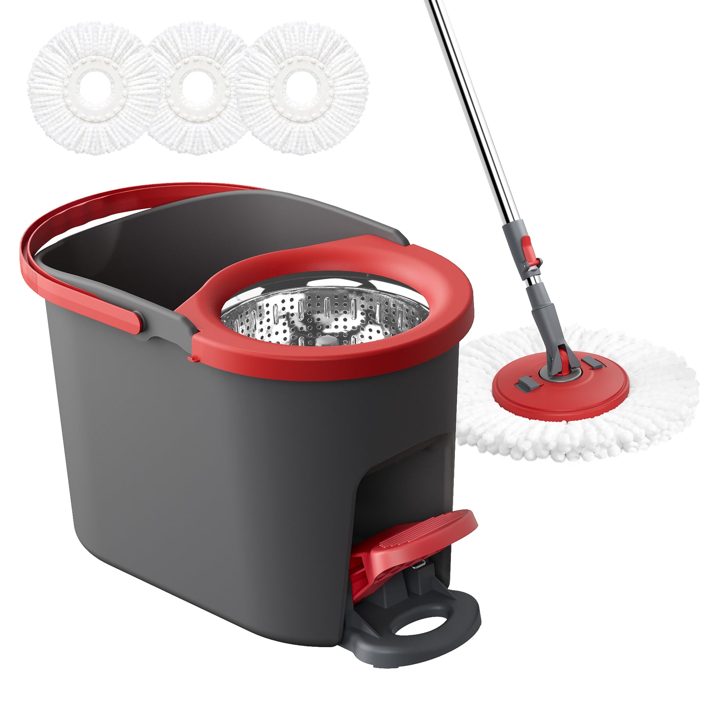 Spin Floor Mop Set with Pedal Wringer, Telescopic Handle, 3 Microfiber Pads, for Home Cleaning, Red and Gray
