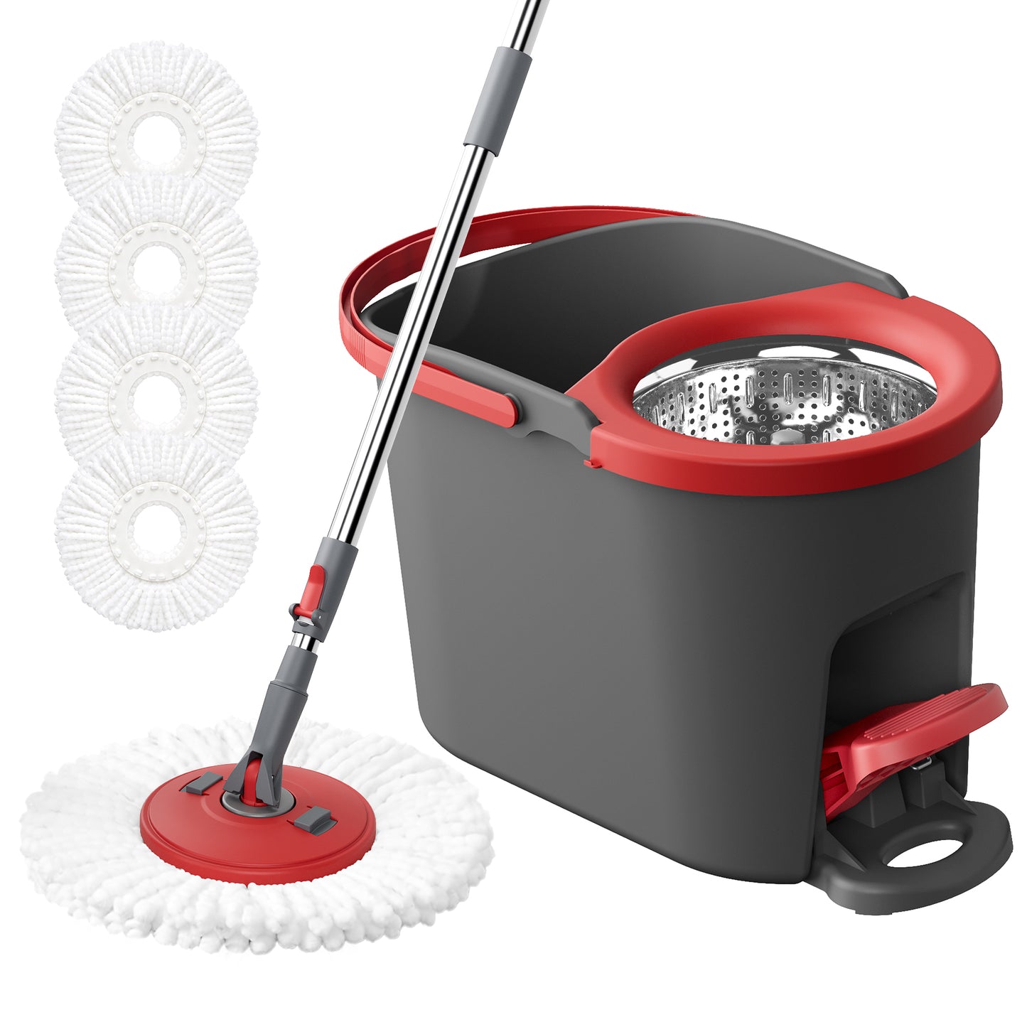 Spin Mop Bucket Set with Pedal Wringer, Telescopic Handle, 360° Rotating Mop Head, 4 Microfiber Pads, Gray and Red