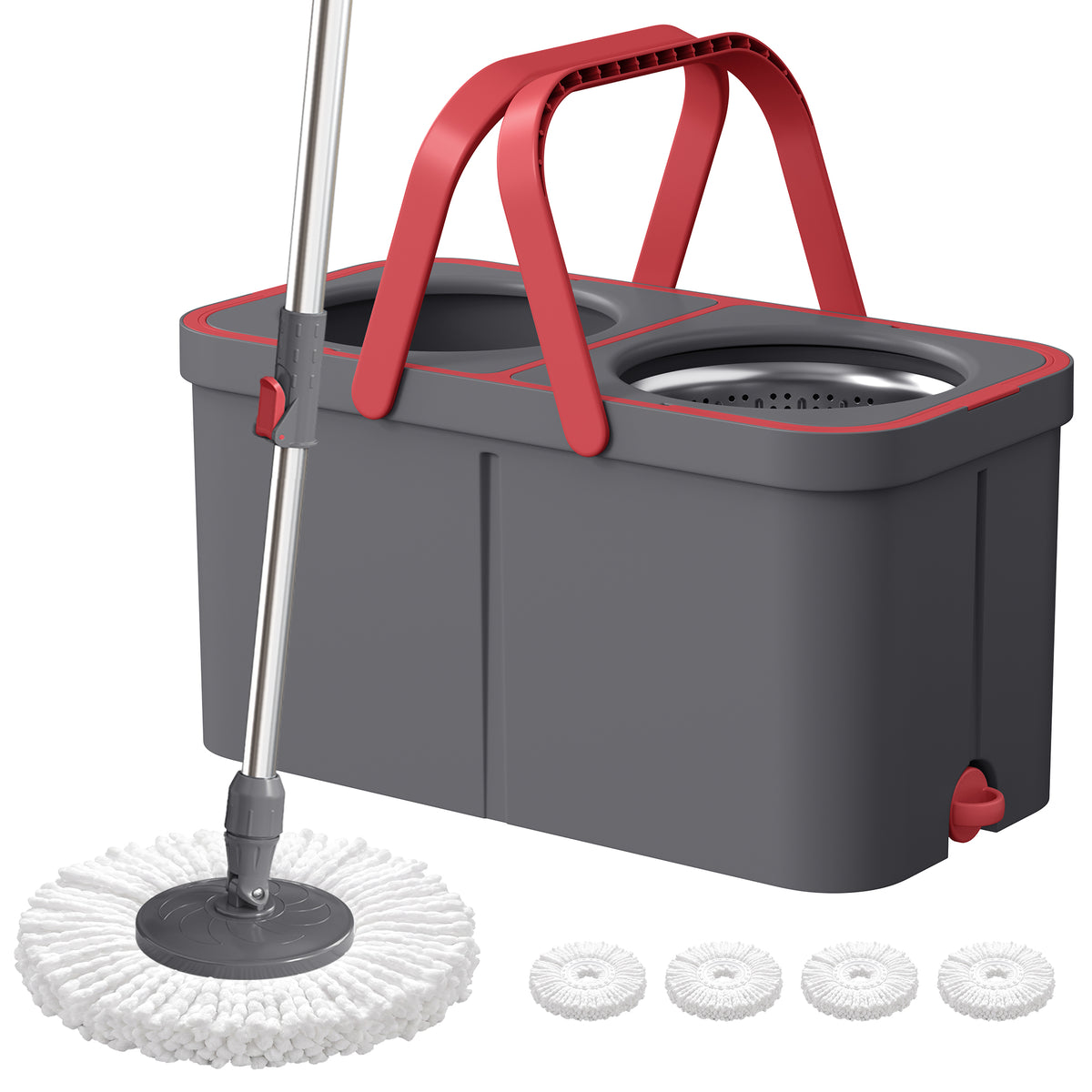 LEDREM Spin Mop and Bucket Set with Water Separation System, 2 Mop Heads, 18.7 x 10 x 9.4 Inches, Gray and Red