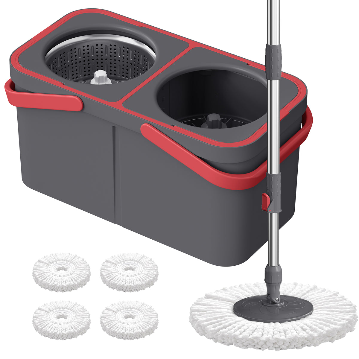 LEDREM Spin Mop and Bucket Set with Water Separation System, 2 Mop Heads, 18.7 x 10 x 9.4 Inches, Gray and Red