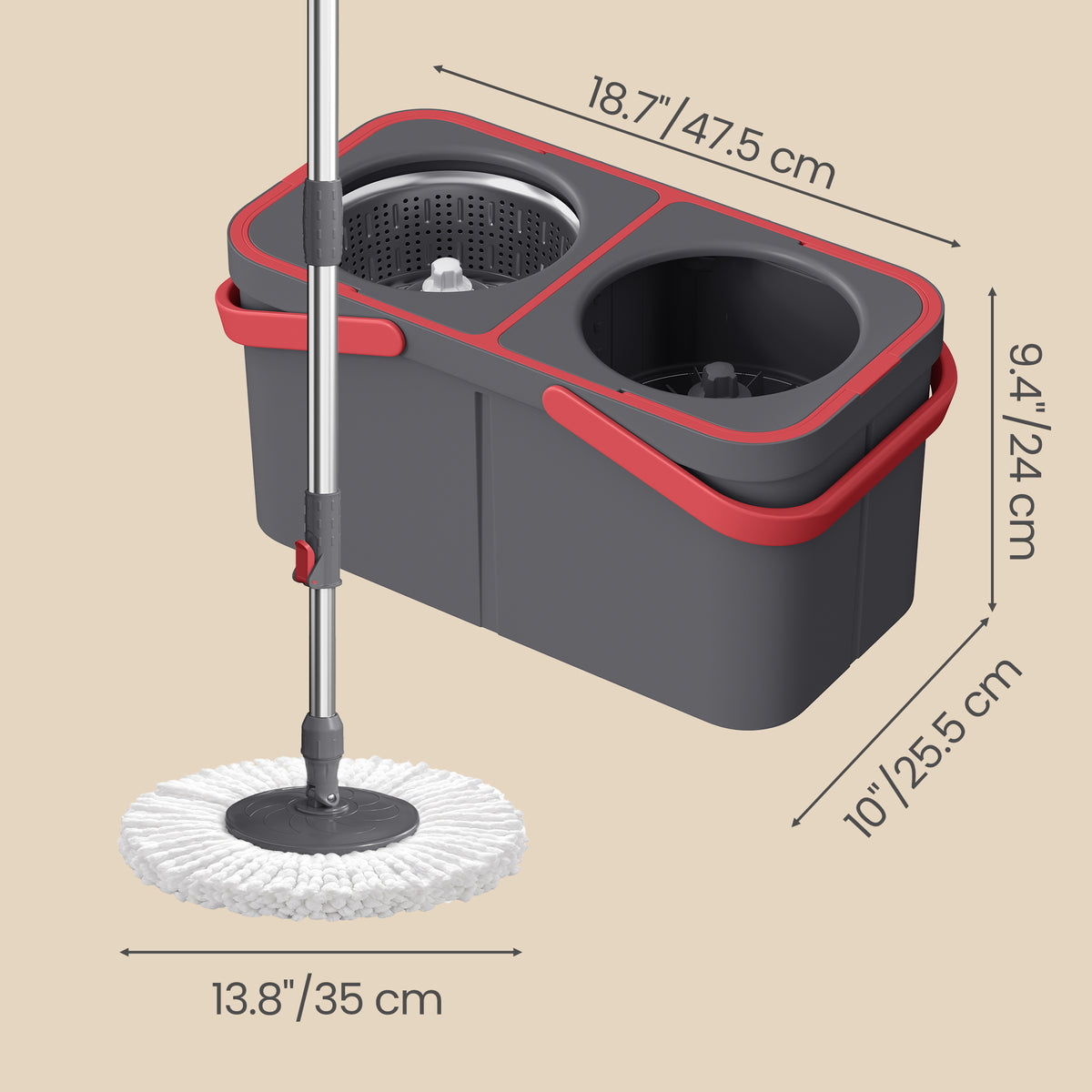 LEDREM Spin Mop and Bucket Set with Water Separation System, 2 Mop Heads, 18.7 x 10 x 9.4 Inches, Gray and Red