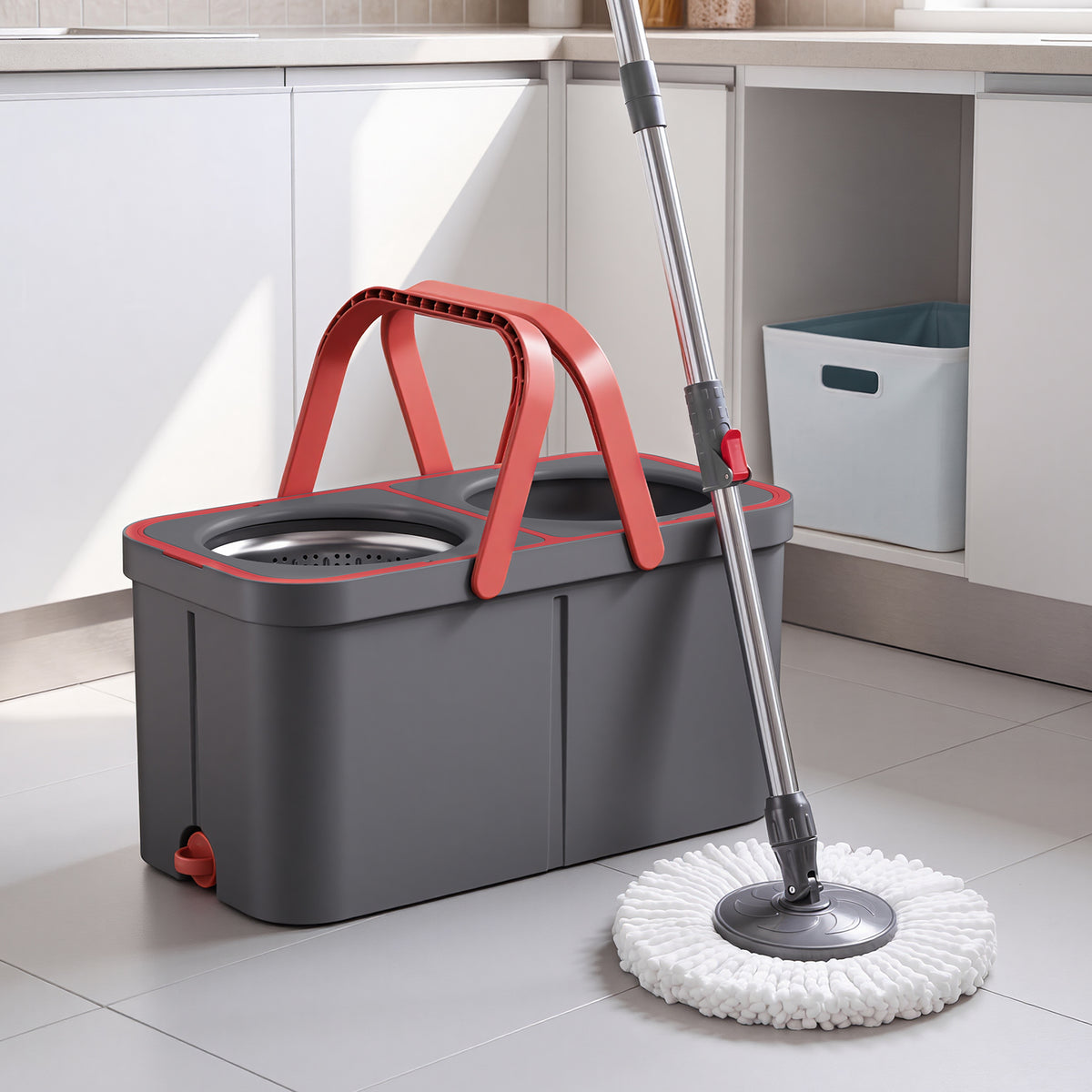 LEDREM Spin Mop and Bucket Set with Water Separation System, 2 Mop Heads, 18.7 x 10 x 9.4 Inches, Gray and Red