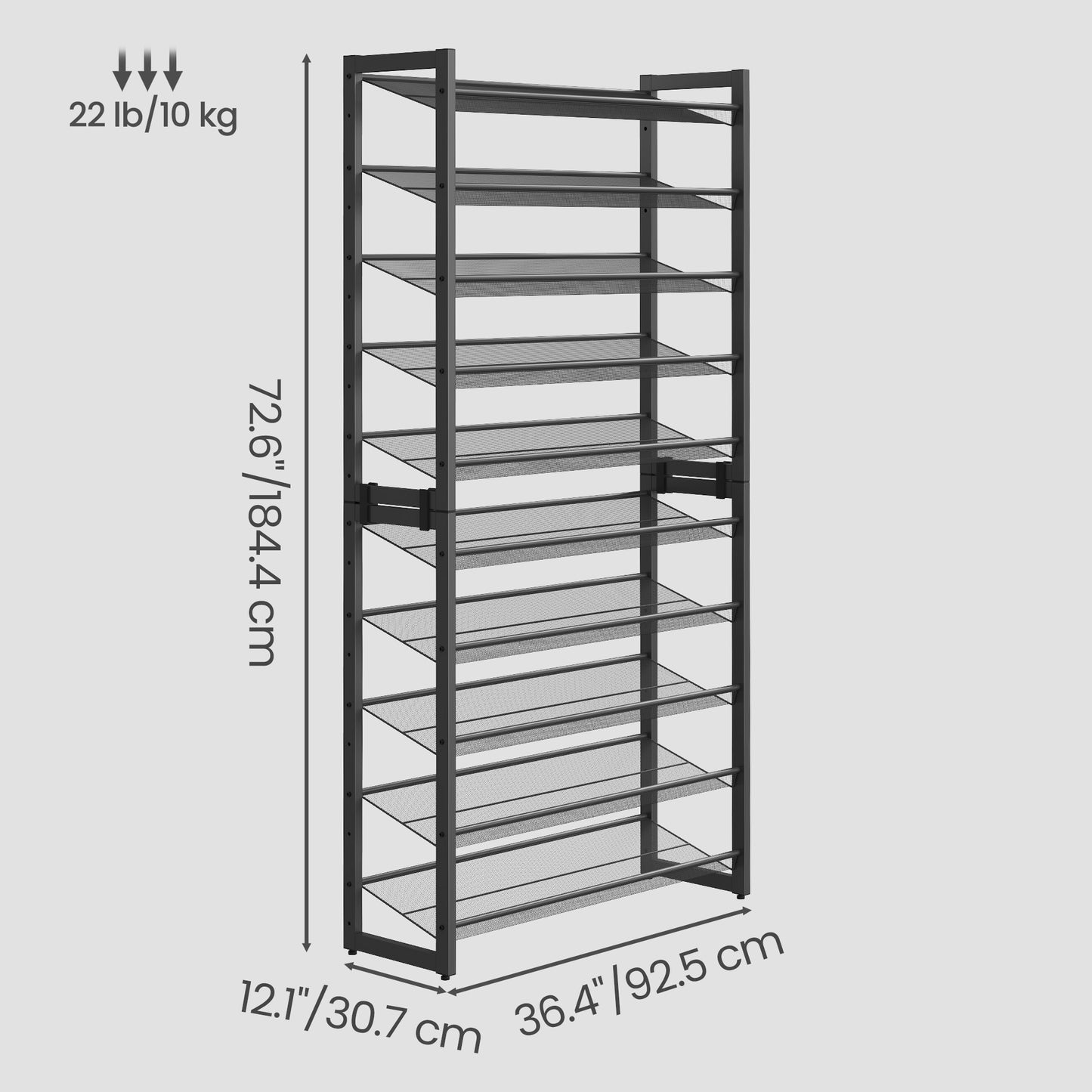 10-Tier Shoe Rack, Set of 2 Stackable 5-Tier Metal Shelves, Adjustable Flat or Angled, Holds 40-50 Pairs, Ink Black