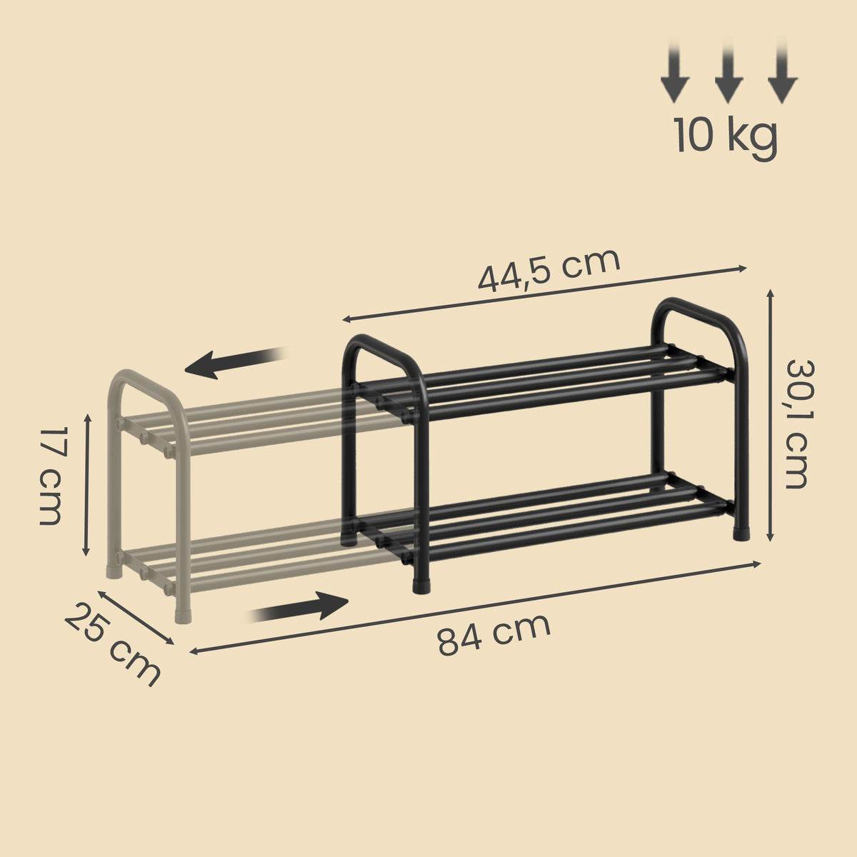 Expandable Shoe Rack, 2-Tier Adjustable Steel Storage Organizer, 17.4 x 9.8 x 11.9 inches, Black