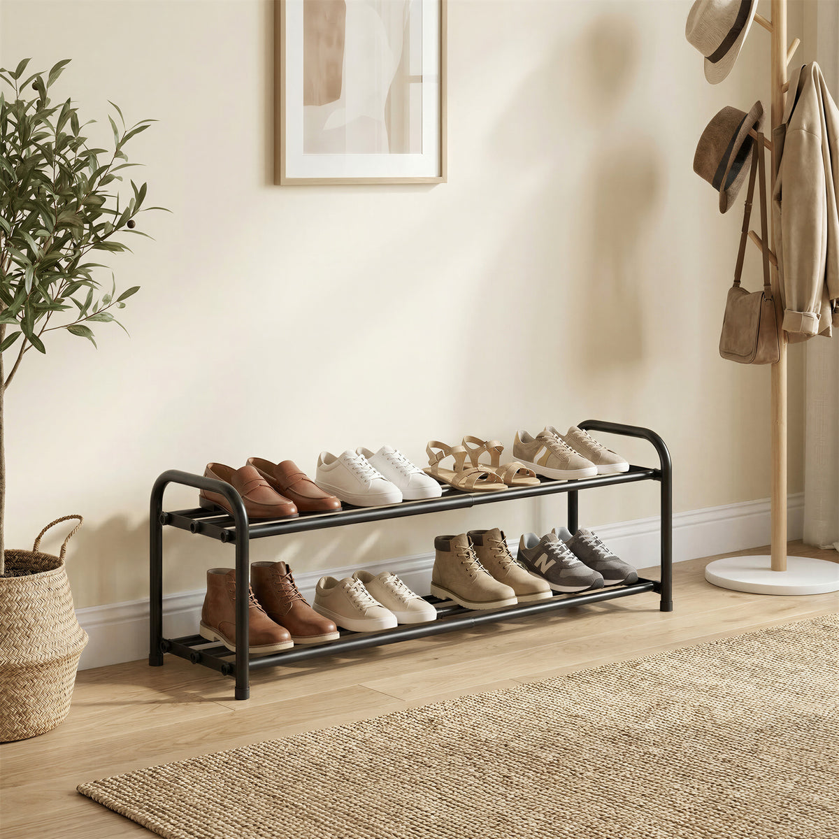 Expandable Shoe Rack, 2-Tier Adjustable Steel Storage Organizer, 17.4 x 9.8 x 11.9 inches, Black