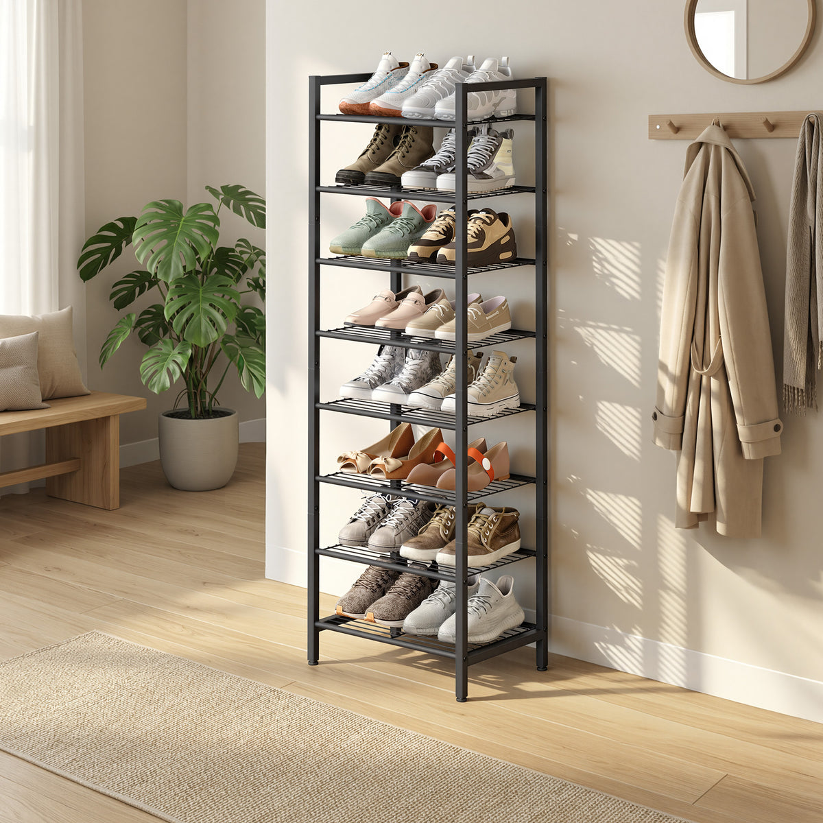 LEDREM 8 Tier Metal Tall Shoe Rack Shelf, Narrow Shoe Rack, Slim Shoe Storage Organizer for Closet Entryway Small Spaces, Black