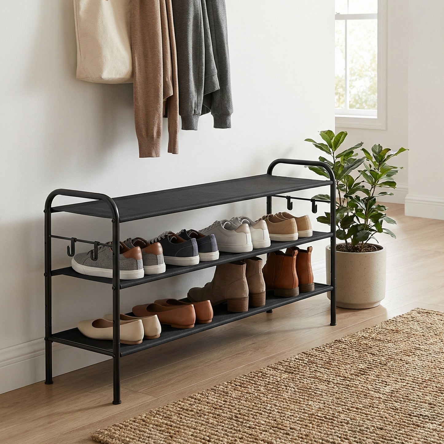 3-Tier Adjustable Shoe Rack Organizer with 4 Hooks, Holds 18 Pairs of Shoes, Fabric Storage Shelf for Entryway, Hallway, Closet, Ink Black