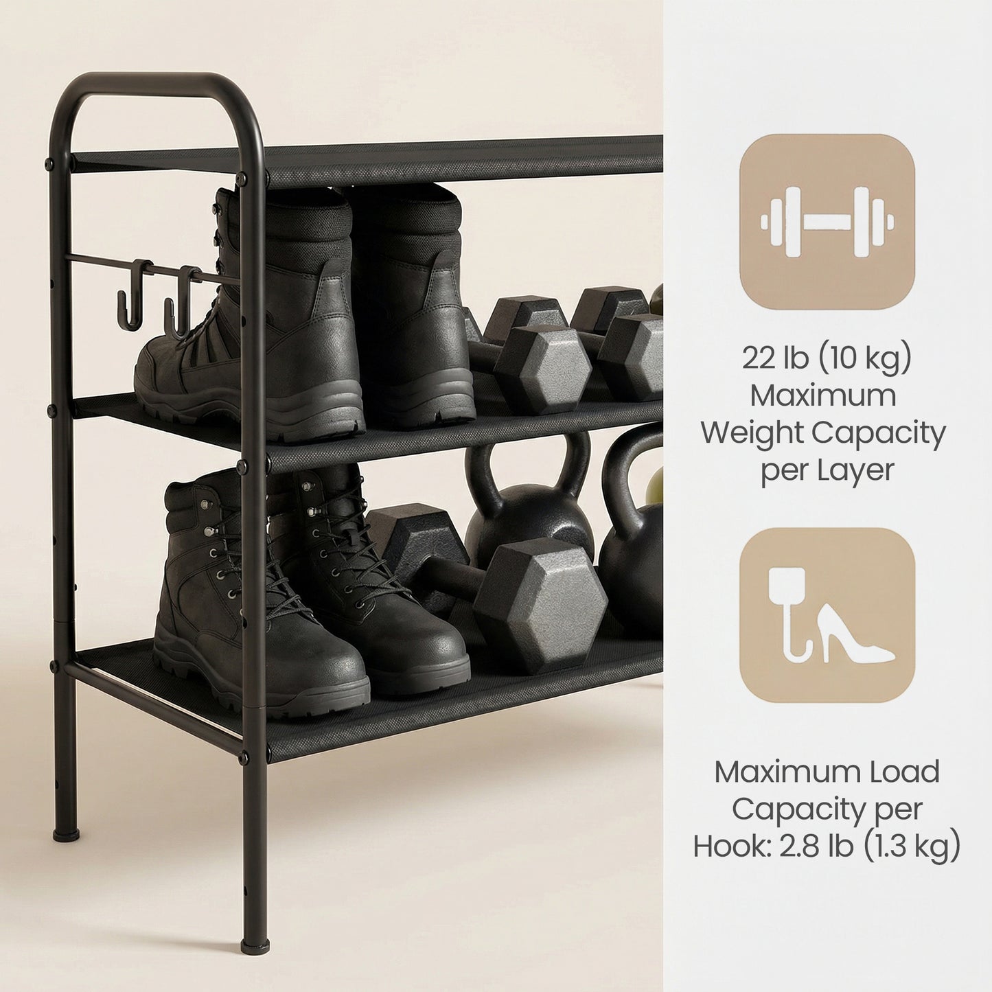 3-Tier Adjustable Shoe Rack Organizer with 4 Hooks, Holds 18 Pairs of Shoes, Fabric Storage Shelf for Entryway, Hallway, Closet, Ink Black