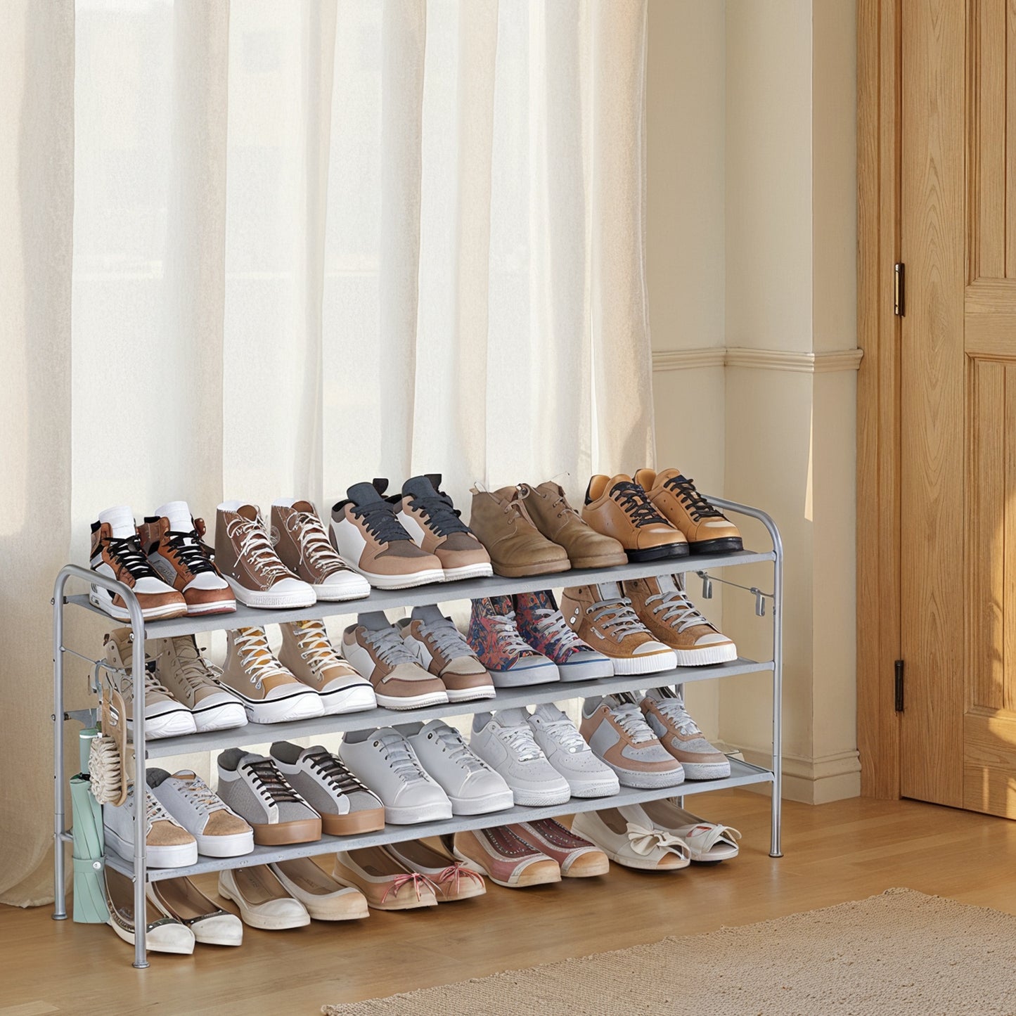 3-Tier Adjustable Shoe Rack Organizer with 4 Hooks, Holds 18 Pairs of Shoes, Fabric Storage Shelf for Entryway, Hallway, Closet, Dove Gray
