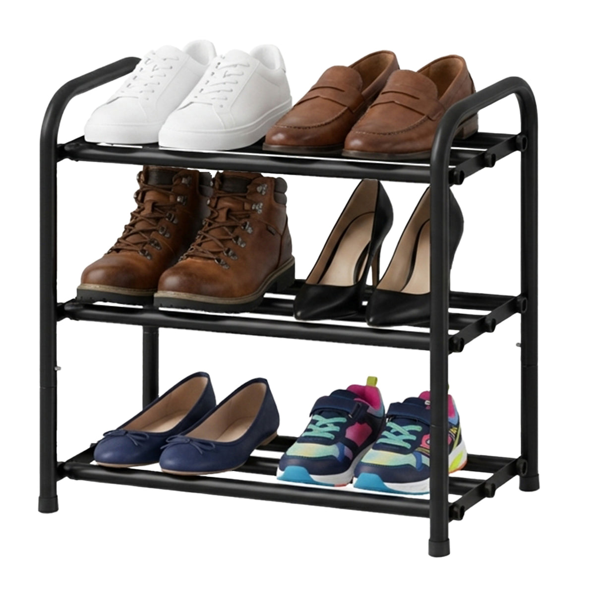 Expandable Shoe Rack, 3-Tier Adjustable Steel Storage Organizer, 17.5 x 9.8 x 18.8 inches, Black
