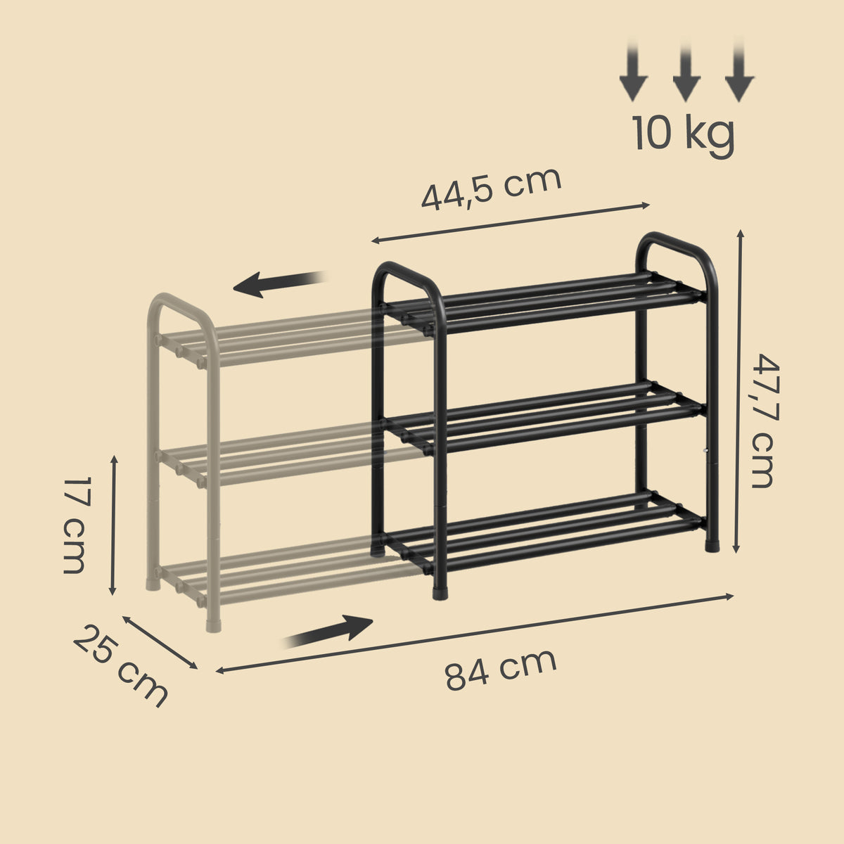 Expandable Shoe Rack, 3-Tier Adjustable Steel Storage Organizer, 17.5 x 9.8 x 18.8 inches, Black