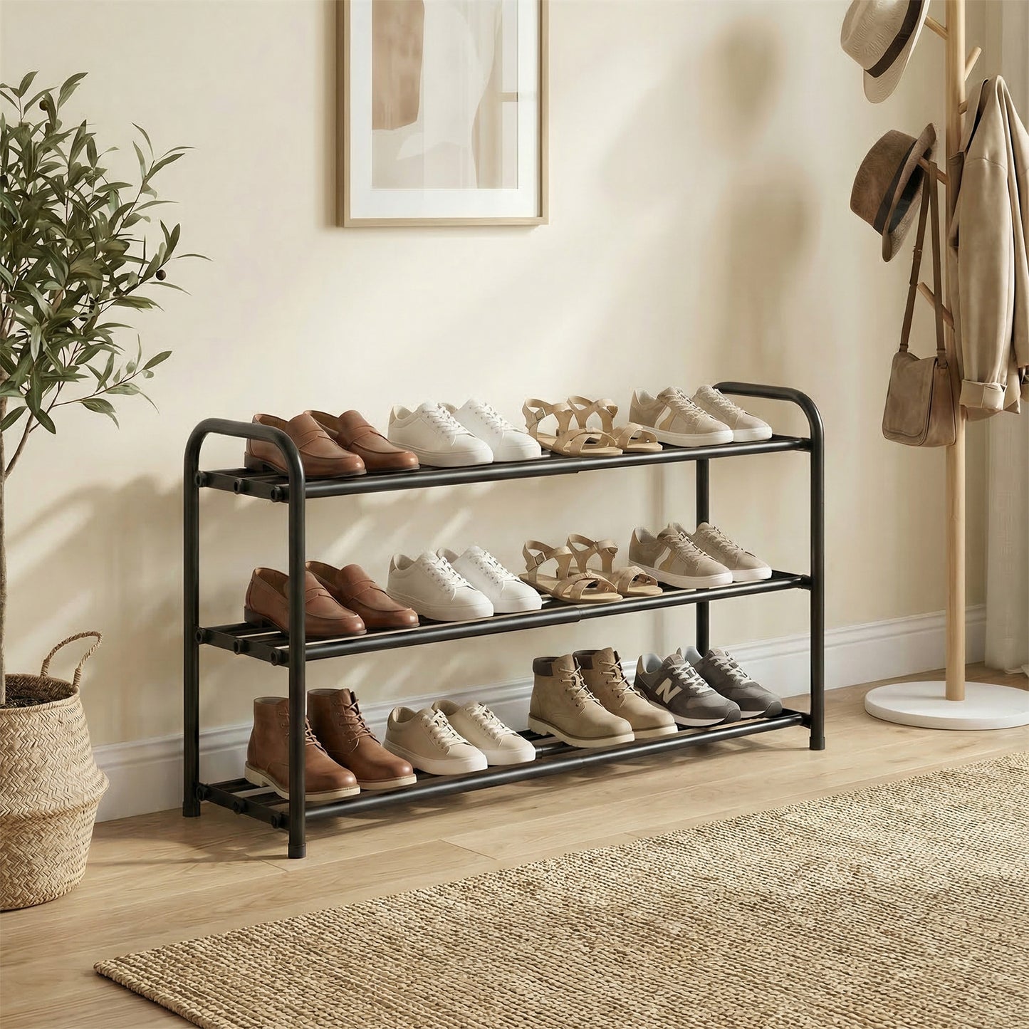 Expandable Shoe Rack, 3-Tier Adjustable Steel Storage Organizer, 17.5 x 9.8 x 18.8 inches, Black