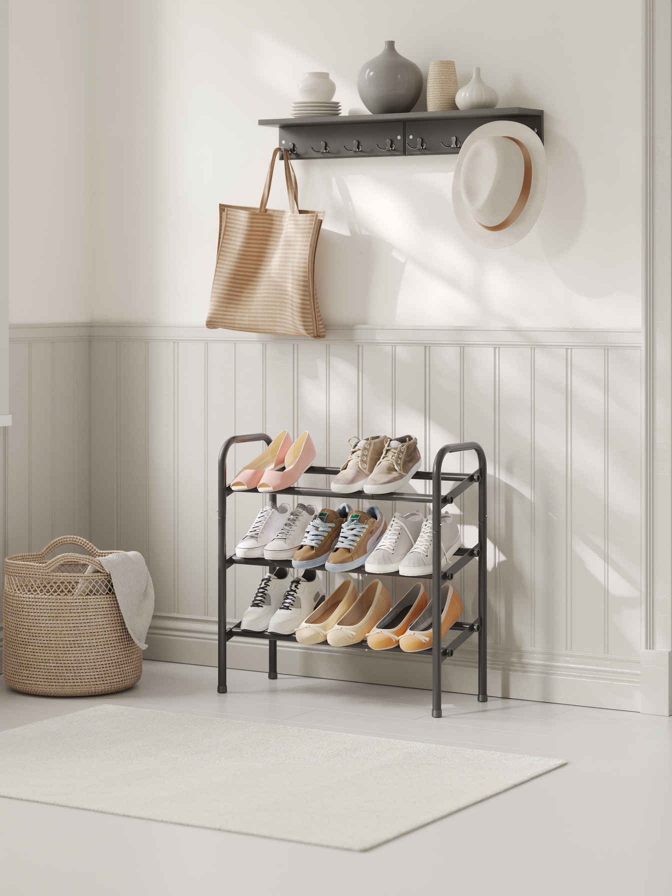 Expandable 3-Tier Metal Shoe Rack, Adjustable Width Holds 20 Pairs, Angled Shelf & Handles, Free Standing Organizer for Entryway Closet, Ink Black