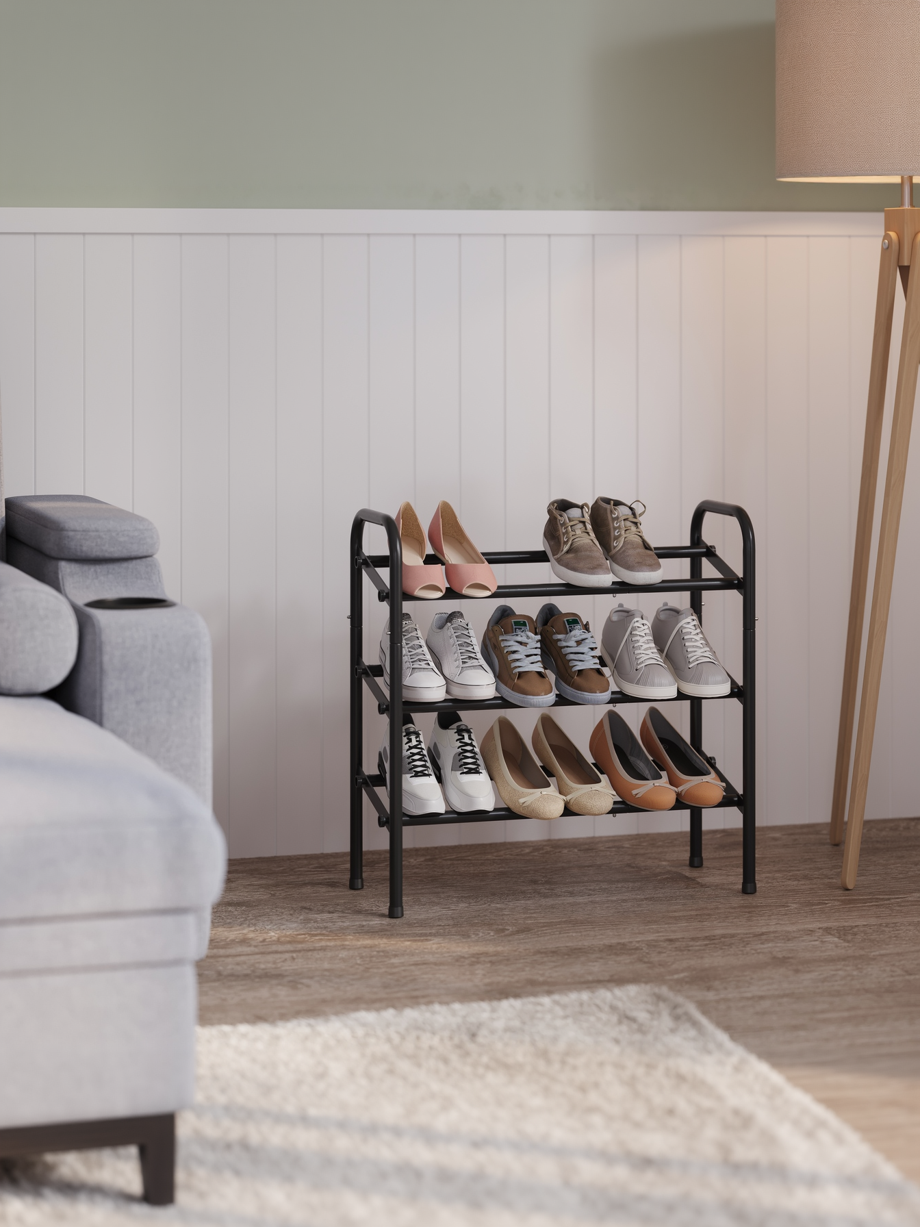 Expandable 3-Tier Metal Shoe Rack, Adjustable Width Holds 20 Pairs, Angled Shelf & Handles, Free Standing Organizer for Entryway Closet, Ink Black