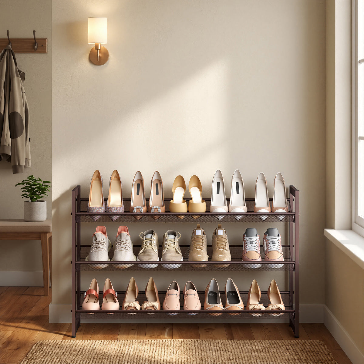 LEDREM 6-Tier Shoe Rack, 3-Tier Stackable Shoe Organizer, Holds 18-24 Pairs, Entryway, Adjustable Shelves, Tan