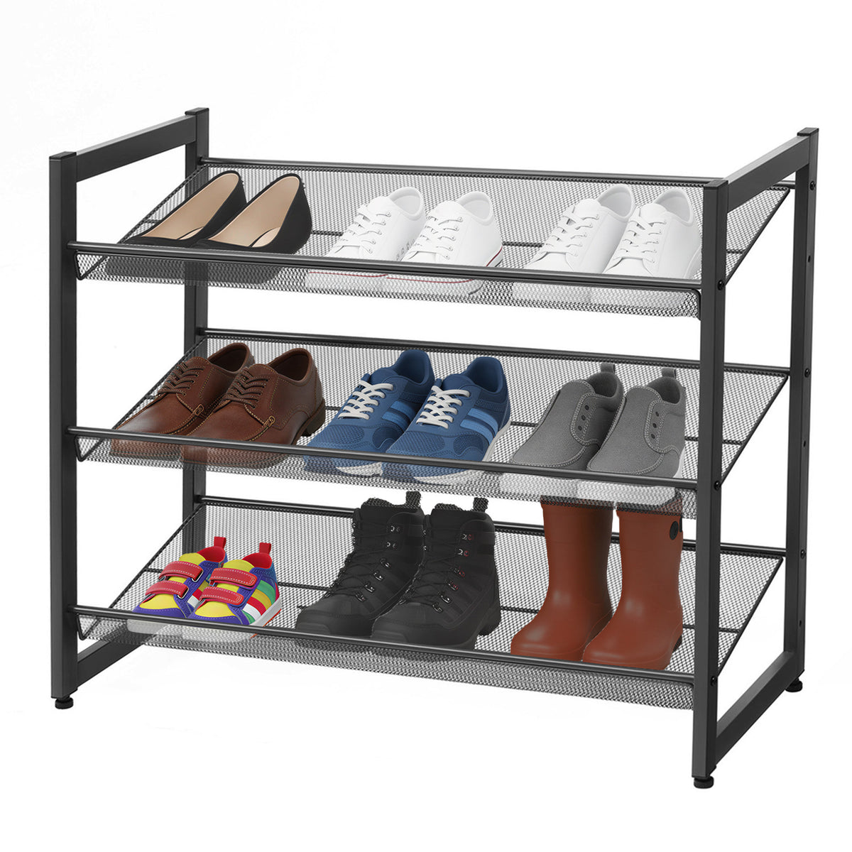 LEDREM 3-Tier Shoe Rack, Stackable Shoe Organizer, Holds 9-12 Pairs, Entryway, Adjustable Shelves, Black