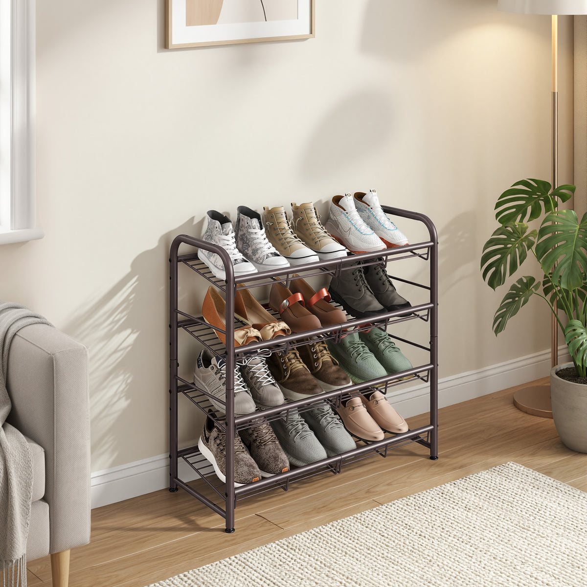 LEDREM Shoe Shelf, Adjustable 4-Tier Storage Organizer, Shoe Rack for Entryway or Closet, Space Saving, Bronze