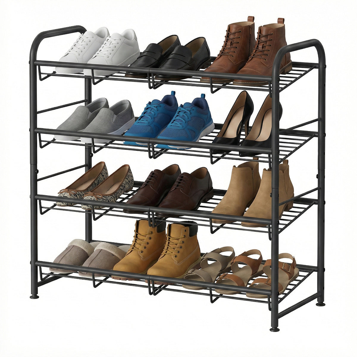 LEDREM 4-Tier Shoe Organizer, Adjustable Metal Shoe Rack, Stackable Storage Shelf for Entryway Closet, Black