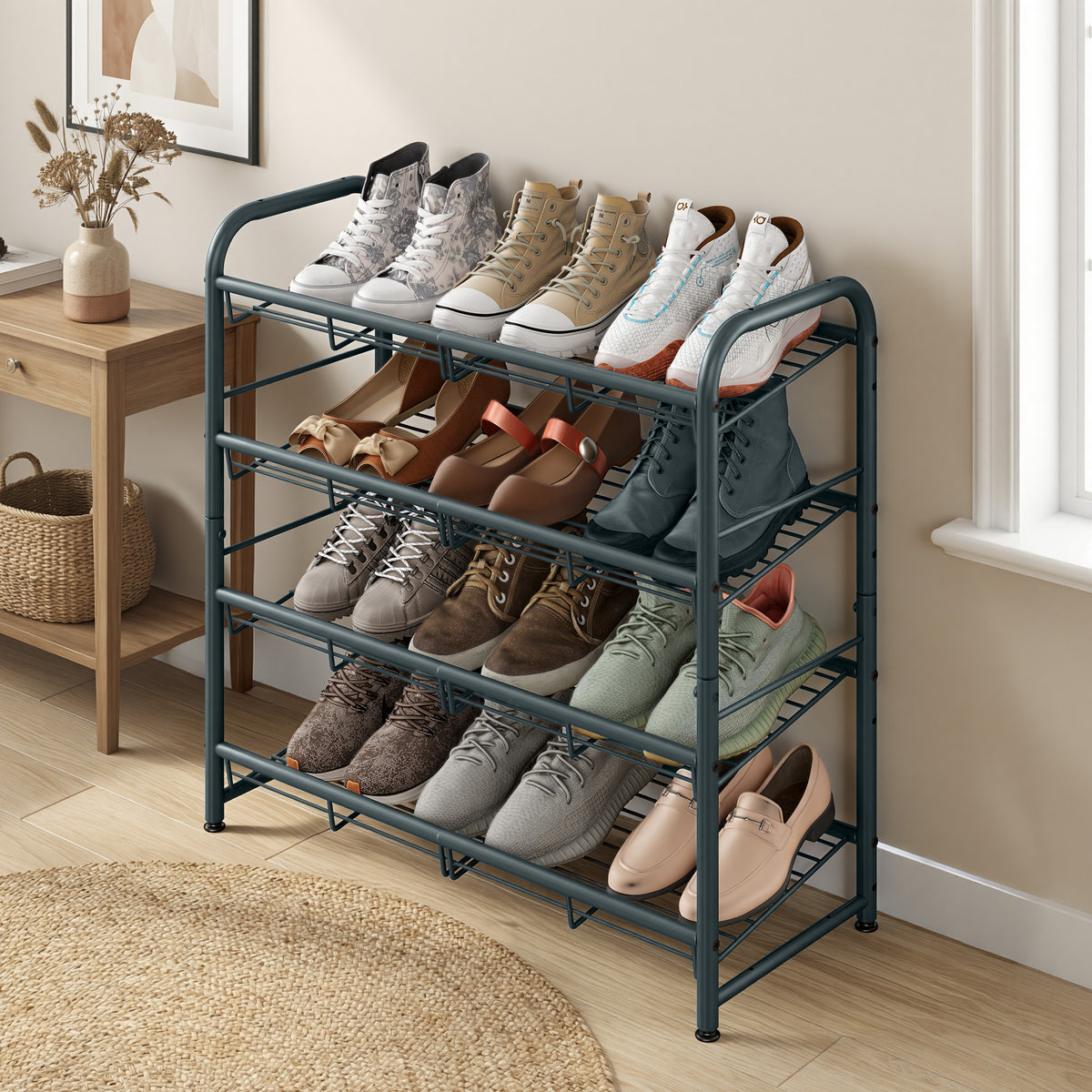 LEDREM Shoe Shelf, Adjustable 4-Tier Storage Organizer, Shoe Rack for Entryway or Closet, Space Saving, Gray