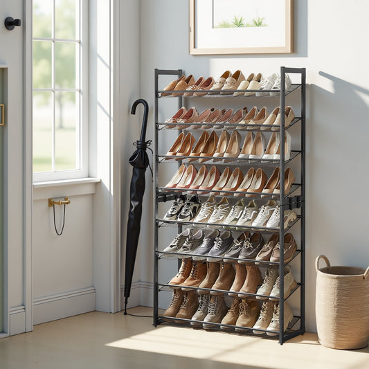 8-Tier Stackable Shoe Rack Organizer, Adjustable Flat,Angled Shelves for Garage,Entryway, Set of 2 (4-Tier Each), Holds 32-40 Pairs, Fits High Heels & Boots, Black