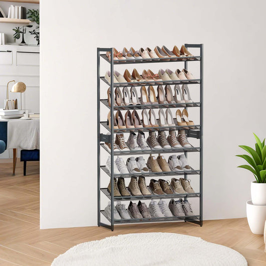 8-Tier Shoe Rack Organizer, Stackable & Adjustable Shelf for Garage,Closet, Set of 2 (4-Tier Each), Holds 32-40 Pairs, Flat,Angled Setup, Charcoal Gray