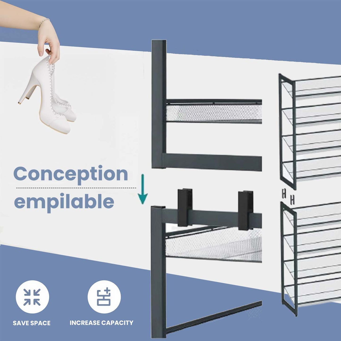 8-Tier Shoe Rack Organizer, Stackable & Adjustable Shelf for Garage,Closet, Set of 2 (4-Tier Each), Holds 32-40 Pairs, Flat,Angled Setup, Charcoal Gray