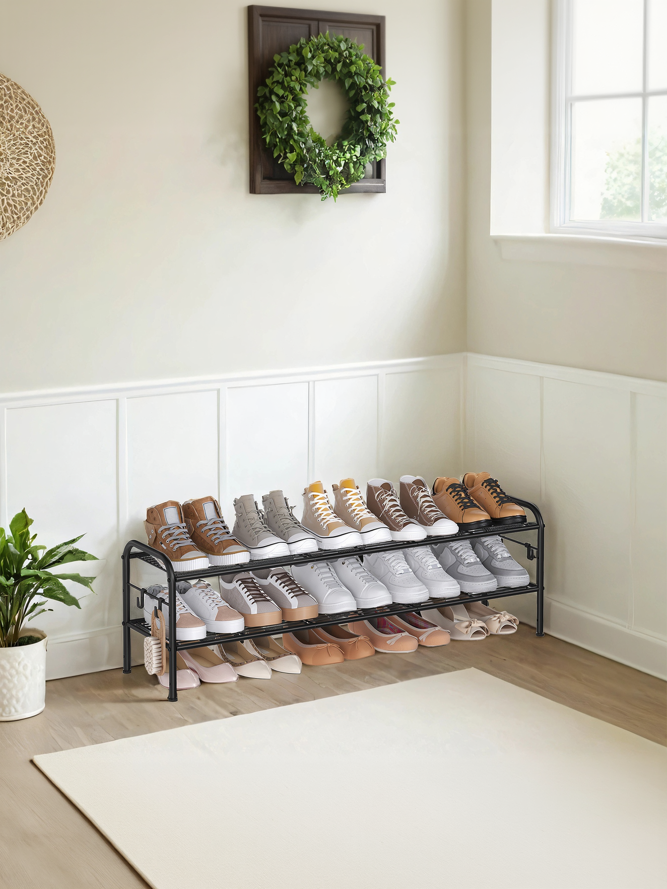 2-Tier Metal Shoe Rack with 4 Hooks, Height-Adjustable Shoe Organizer for 12 Pairs, Entryway and Closet Storage, Ink Black