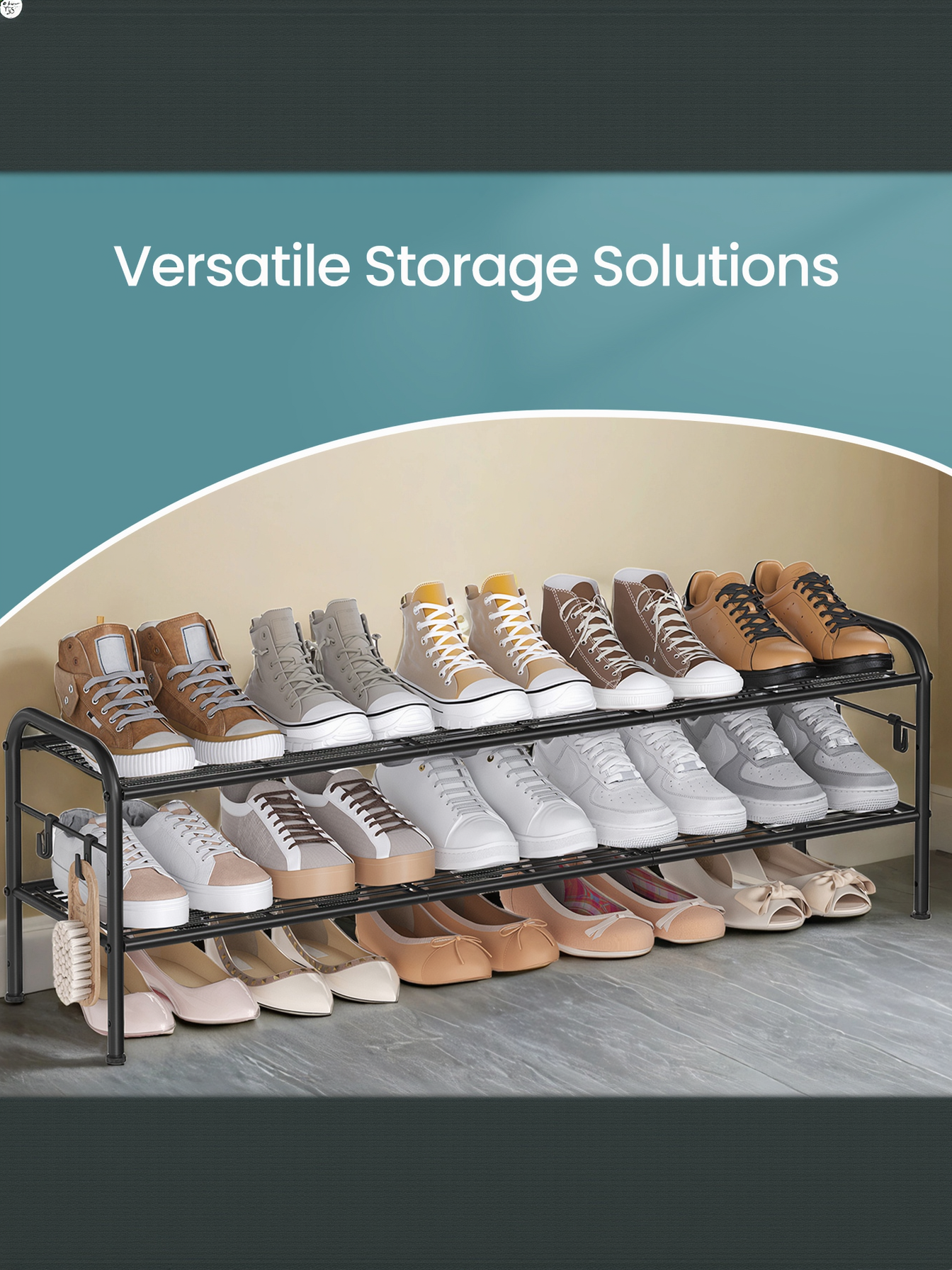 2-Tier Metal Shoe Rack with 4 Hooks, Height-Adjustable Shoe Organizer for 12 Pairs, Entryway and Closet Storage, Ink Black