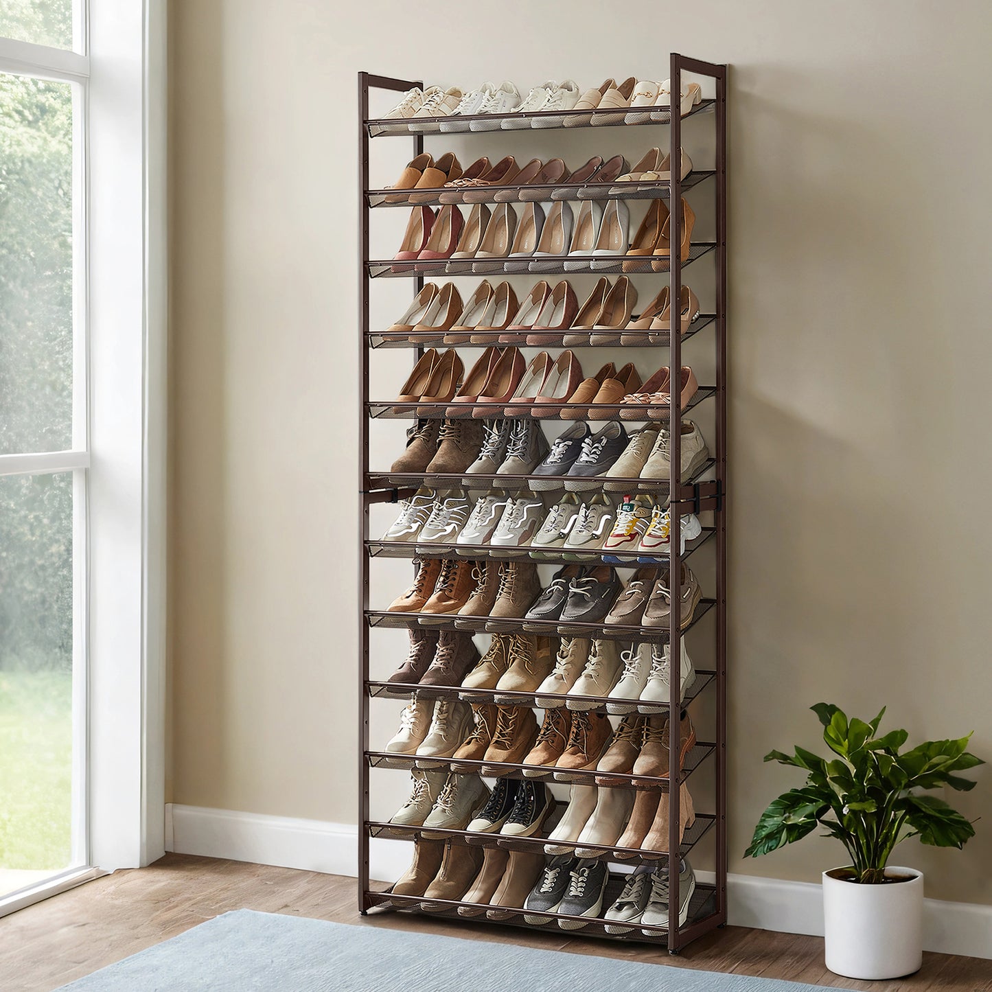 12-Tier Stackable Shoe Organizer, Adjustable Metal Shoe Rack for Entryway & Garage, Holds 48+ Pairs, Fits High Heels & Boots, Bronze