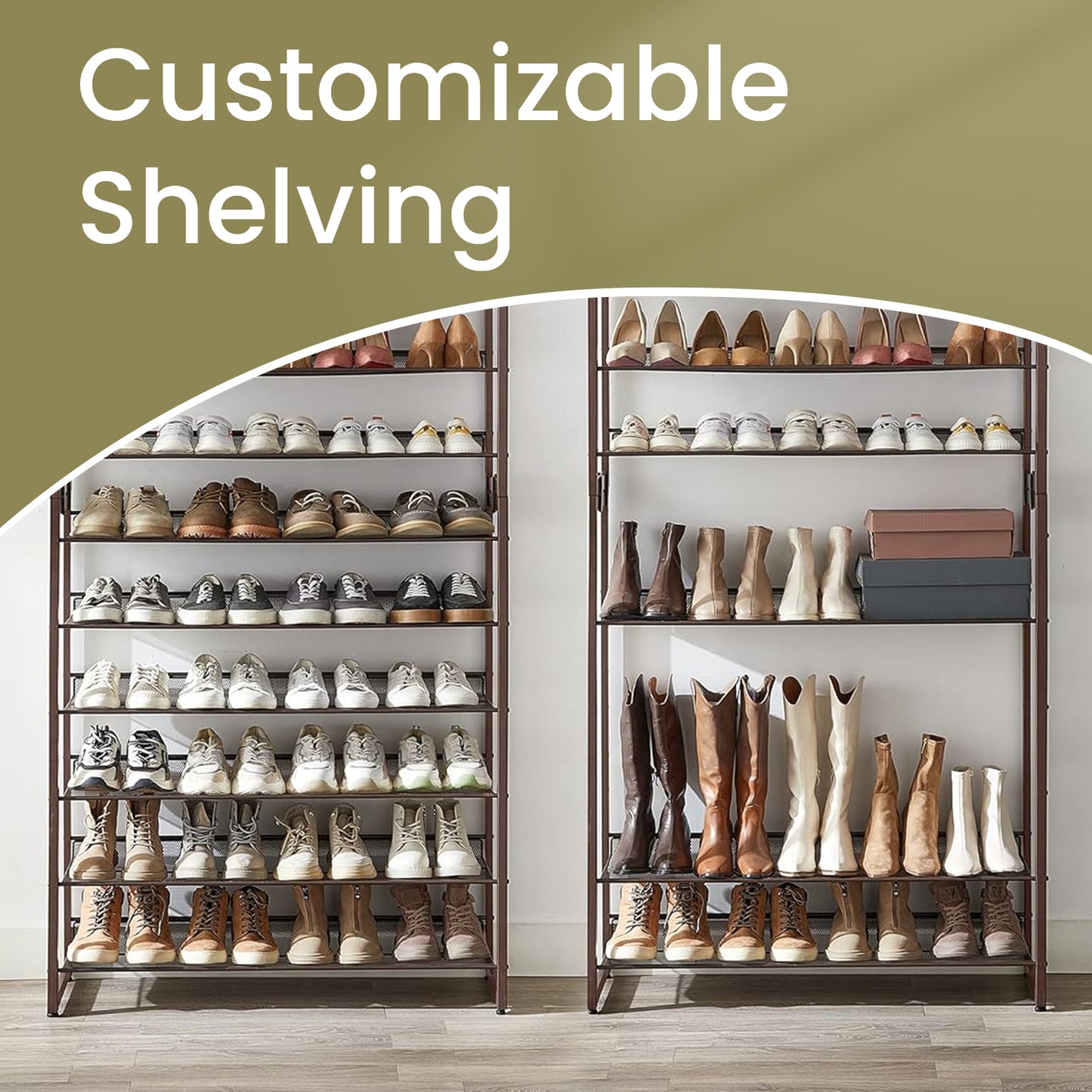 12-Tier Stackable Shoe Organizer, Adjustable Metal Shoe Rack for Entryway & Garage, Holds 48+ Pairs, Fits High Heels & Boots, Bronze