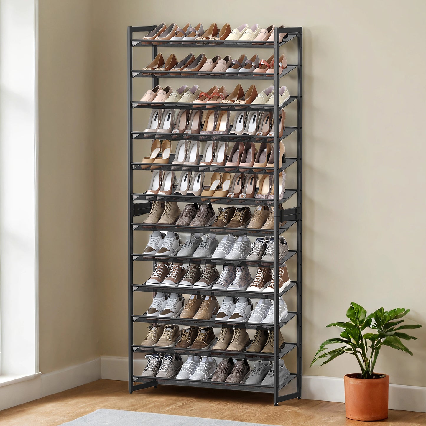 12-Tier Stackable Shoe Rack Organizer, Adjustable Fla,Angled Shelves for Entryway,Garage, Holds 48-60 Pairs, Set of 2, Black