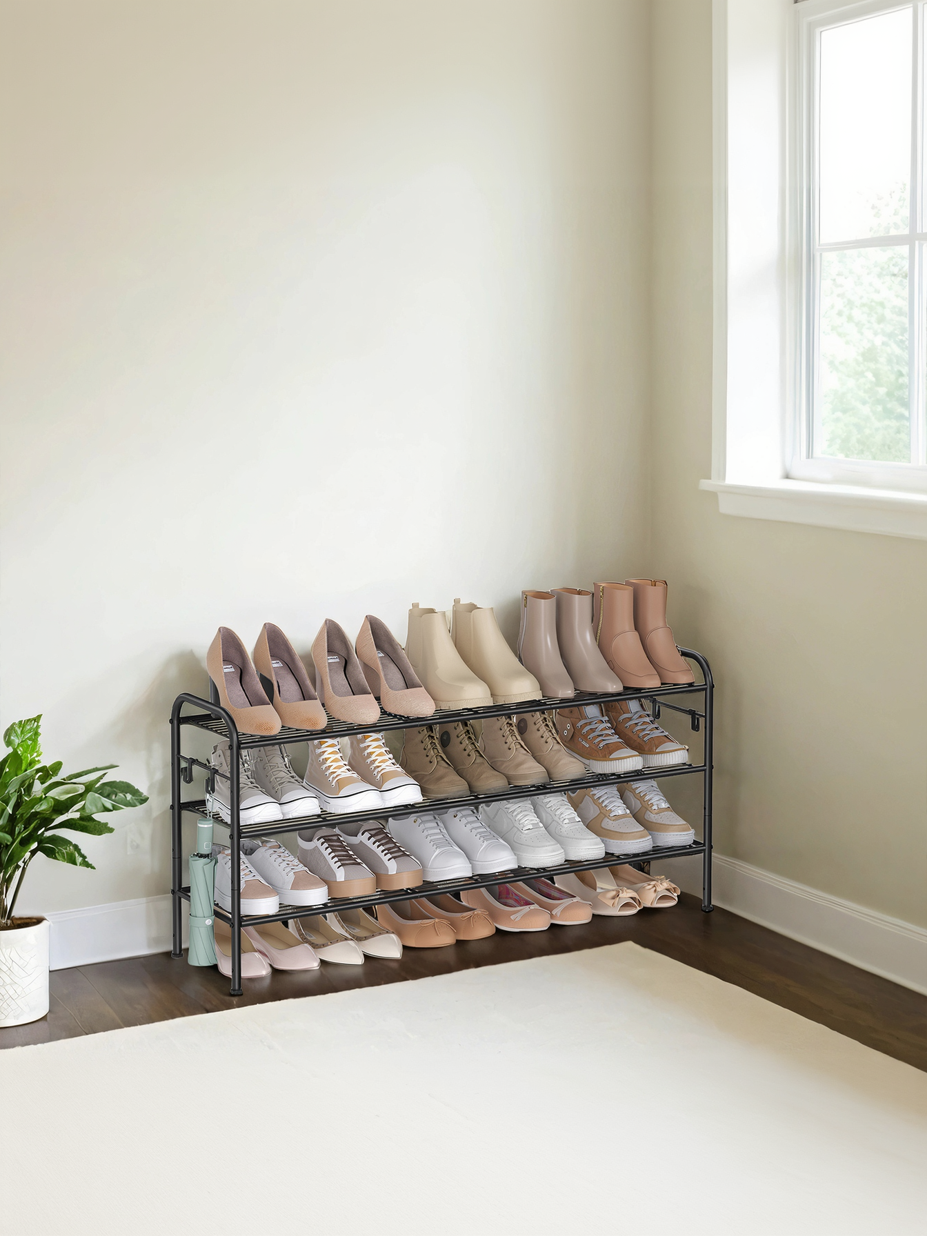 3-Tier Metal Shoe Rack with 4 Hooks, Height-Adjustable Shoe Organizer for 18 Pairs, Entryway and Closet Storage, Ink Black