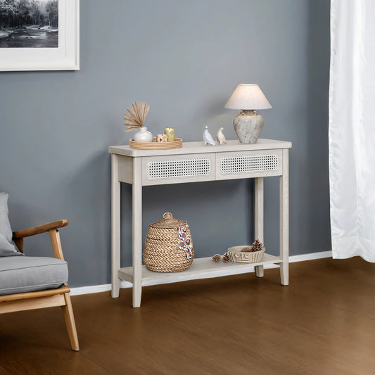 Narrow Boho Console Table with 2 Drawers and Open Shelf, 220 lb Capacity, PVC Rattan Front & Water-Resistant Surface, Oatmeal Beige