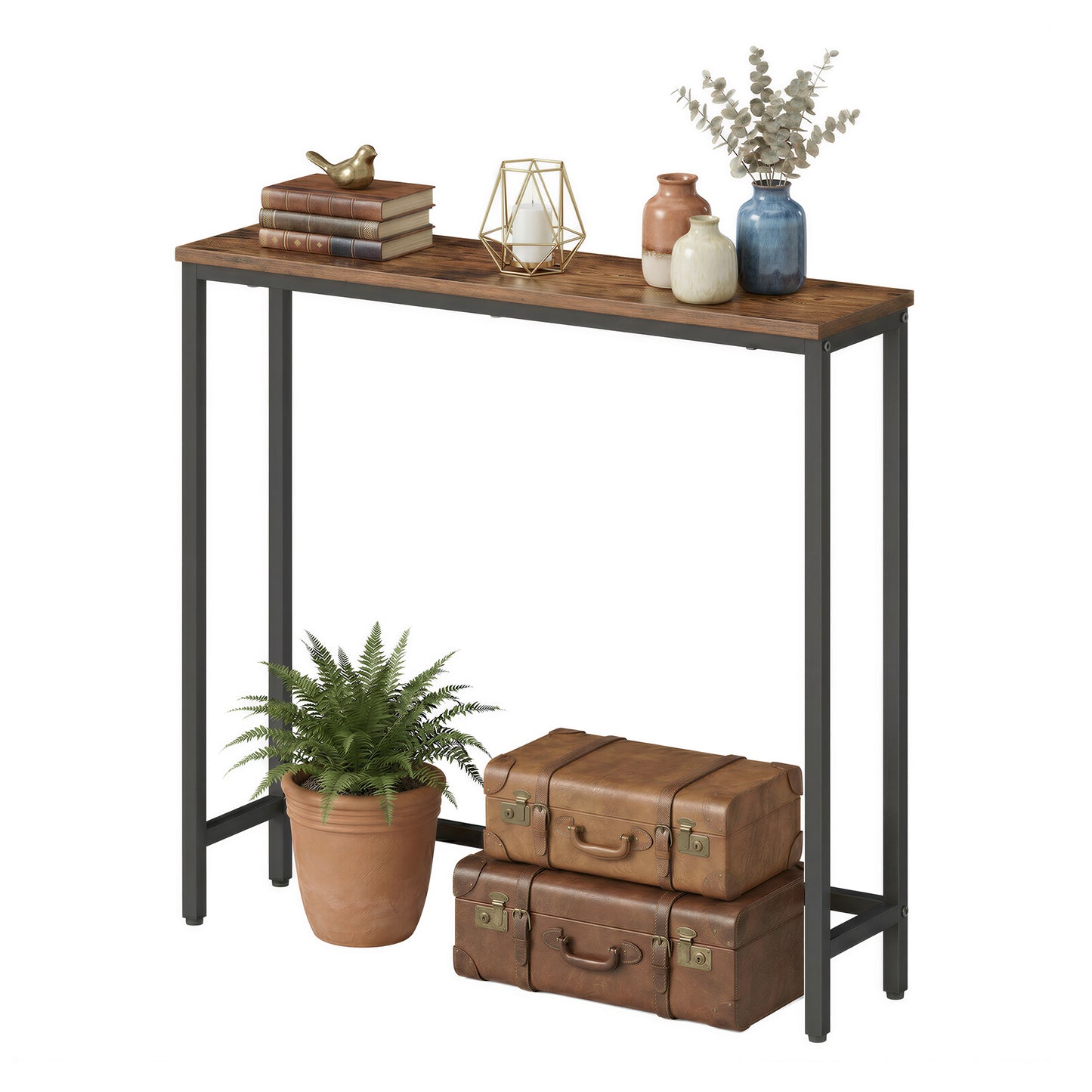 Narrow Console Table, Thin Entryway Doorway Table with One-Piece Top, Steel Frame, Modern 1-Tier for Hallway Bedroom, Rustic Brown and Ink Black