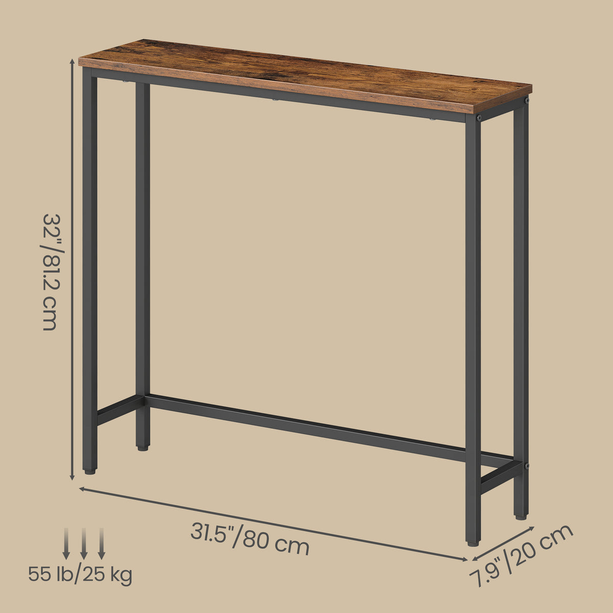 Narrow Console Table, Thin Entryway Doorway Table with One-Piece Top, Steel Frame, Modern 1-Tier for Hallway Bedroom, Rustic Brown and Ink Black