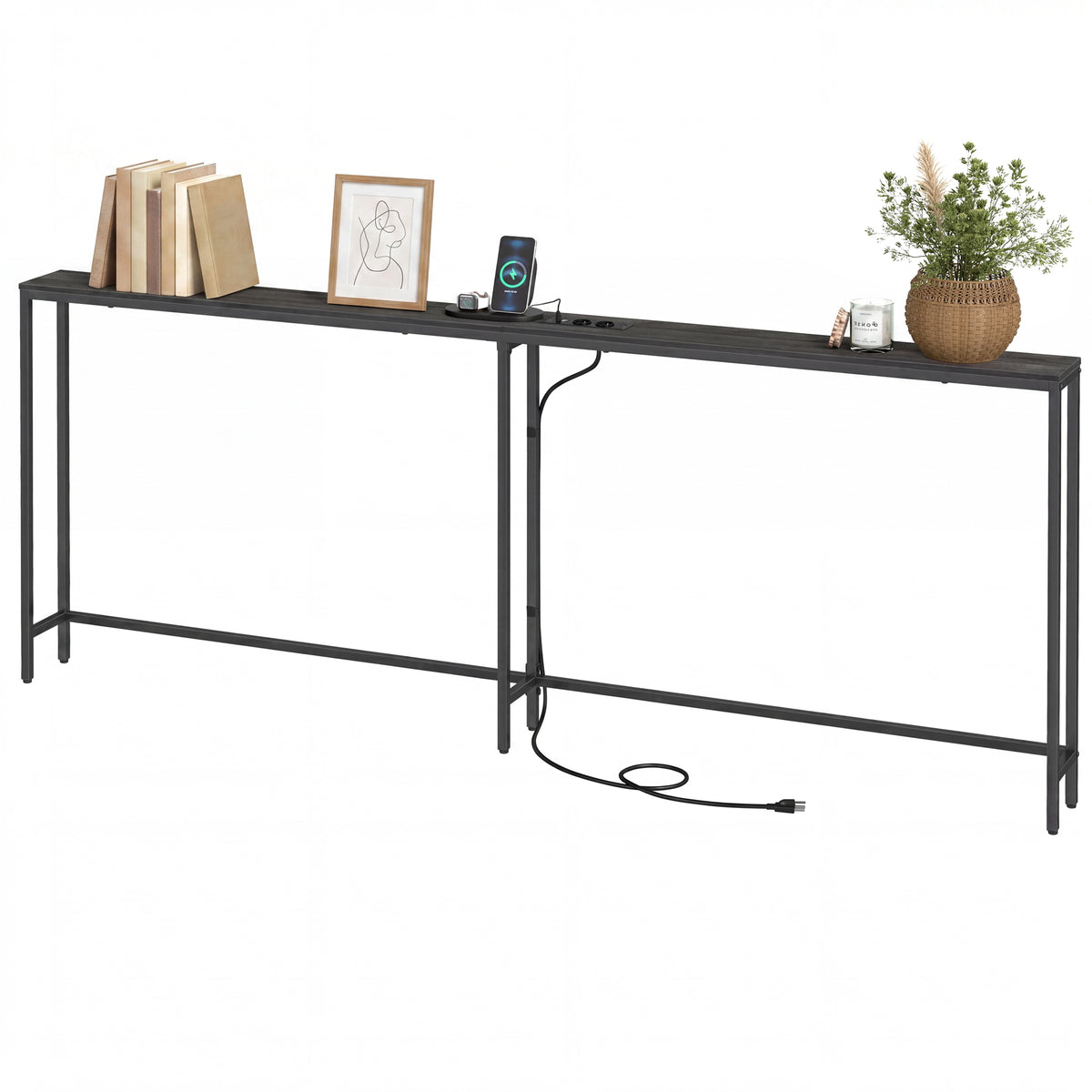 LEDREM Console Table with Power Outlet, Slim Behind Couch Table, for Entryway, Black