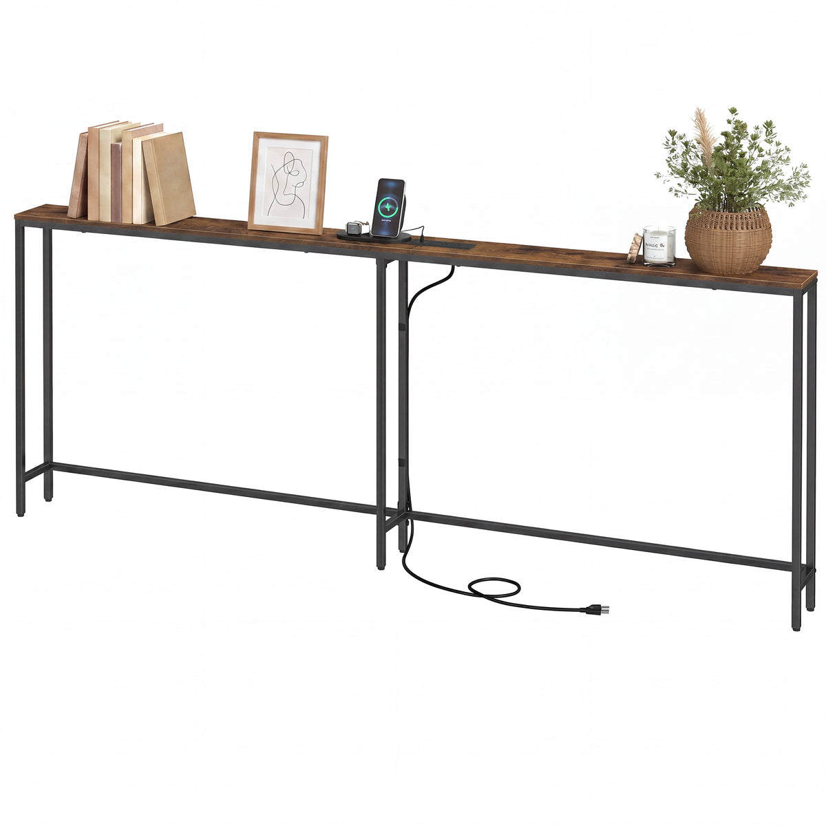 LEDREM Console Table with Power Outlet, Slim Behind Couch Table, for Entryway, Rustic Brown and Matte Black