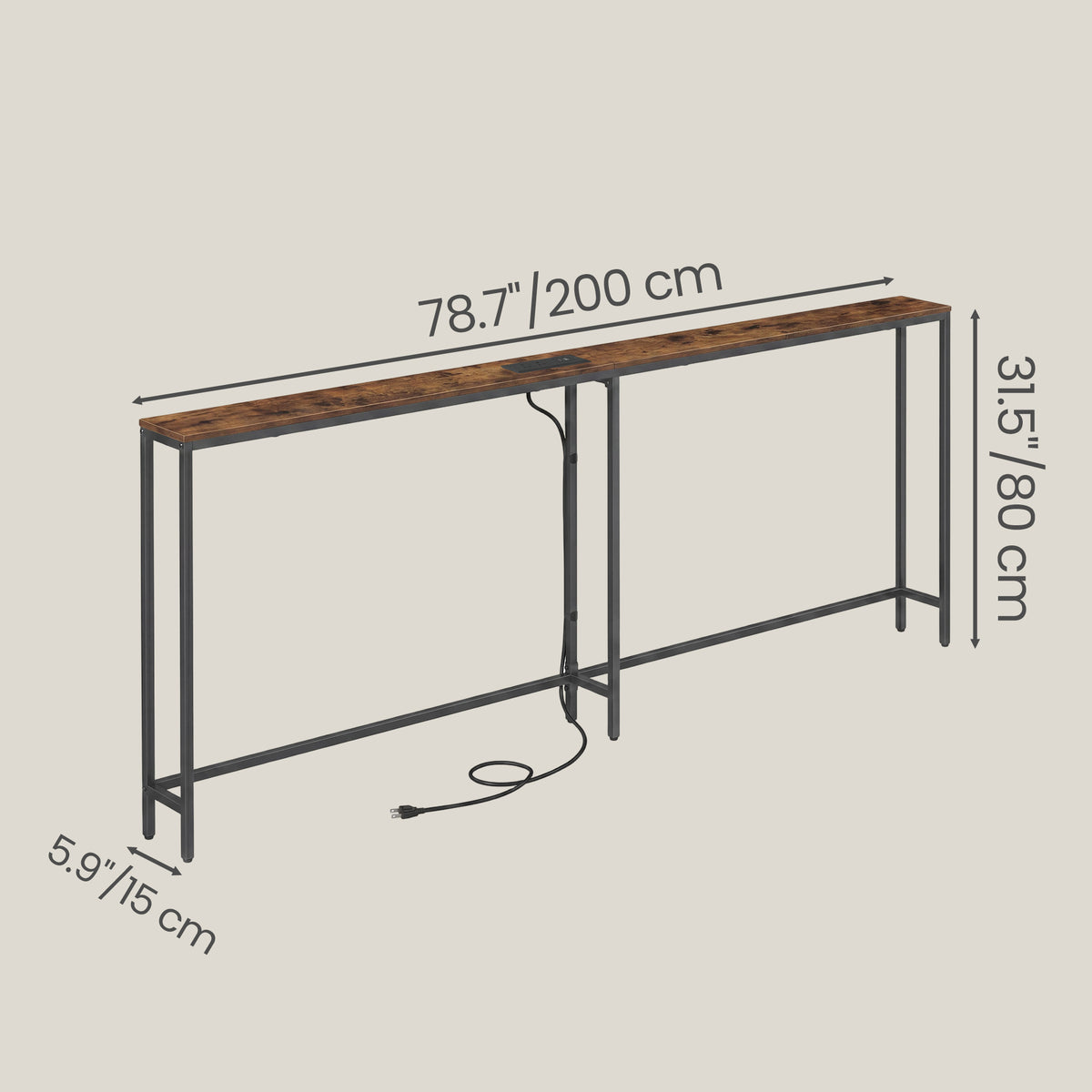 LEDREM Console Table with Power Outlet, Slim Behind Couch Table, for Entryway, Rustic Brown and Matte Black