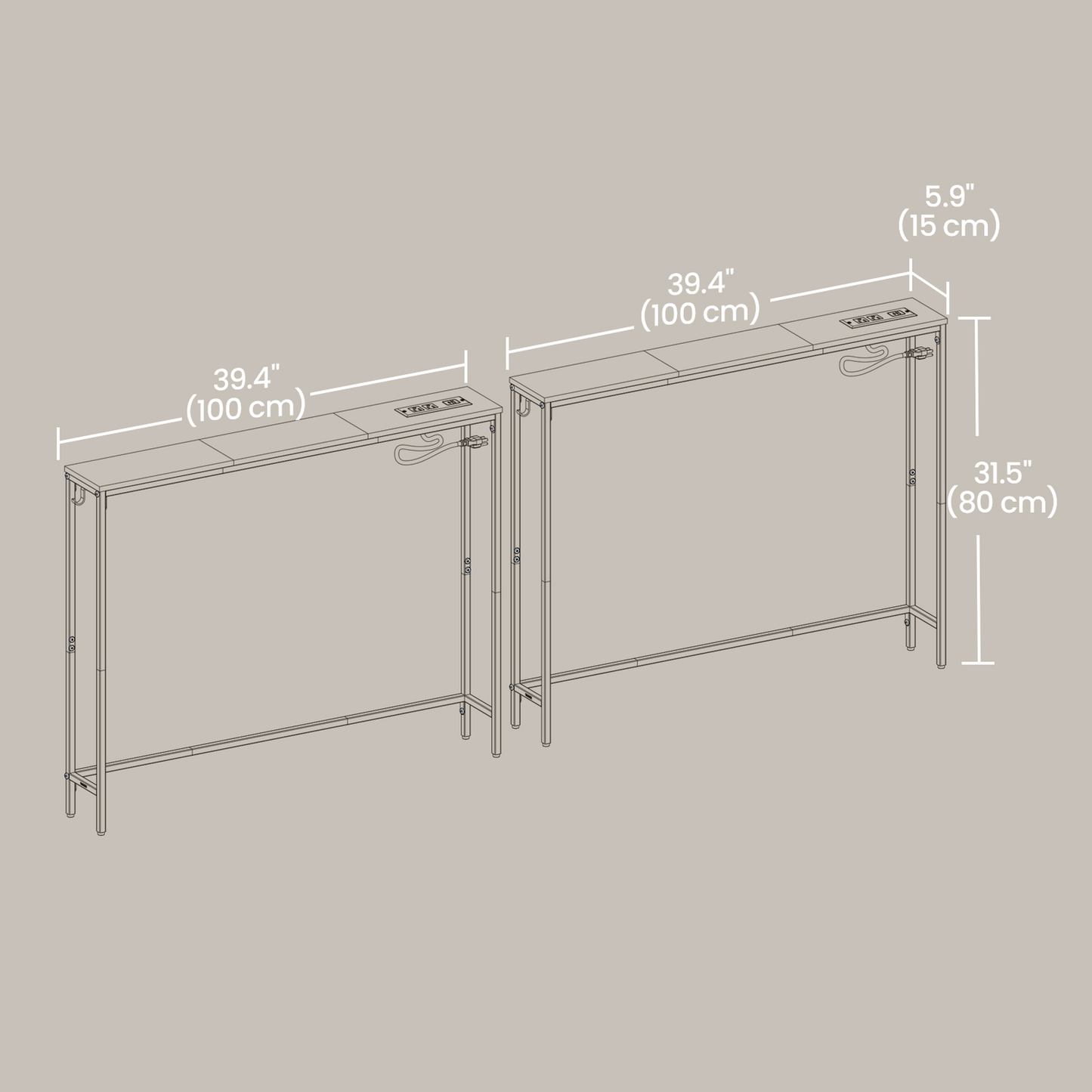 Set of 2 Slim Console Tables with Power Outlets, Behind Couch Sofa Tables with USB Ports and Hooks, Ebony Black and Ink Black