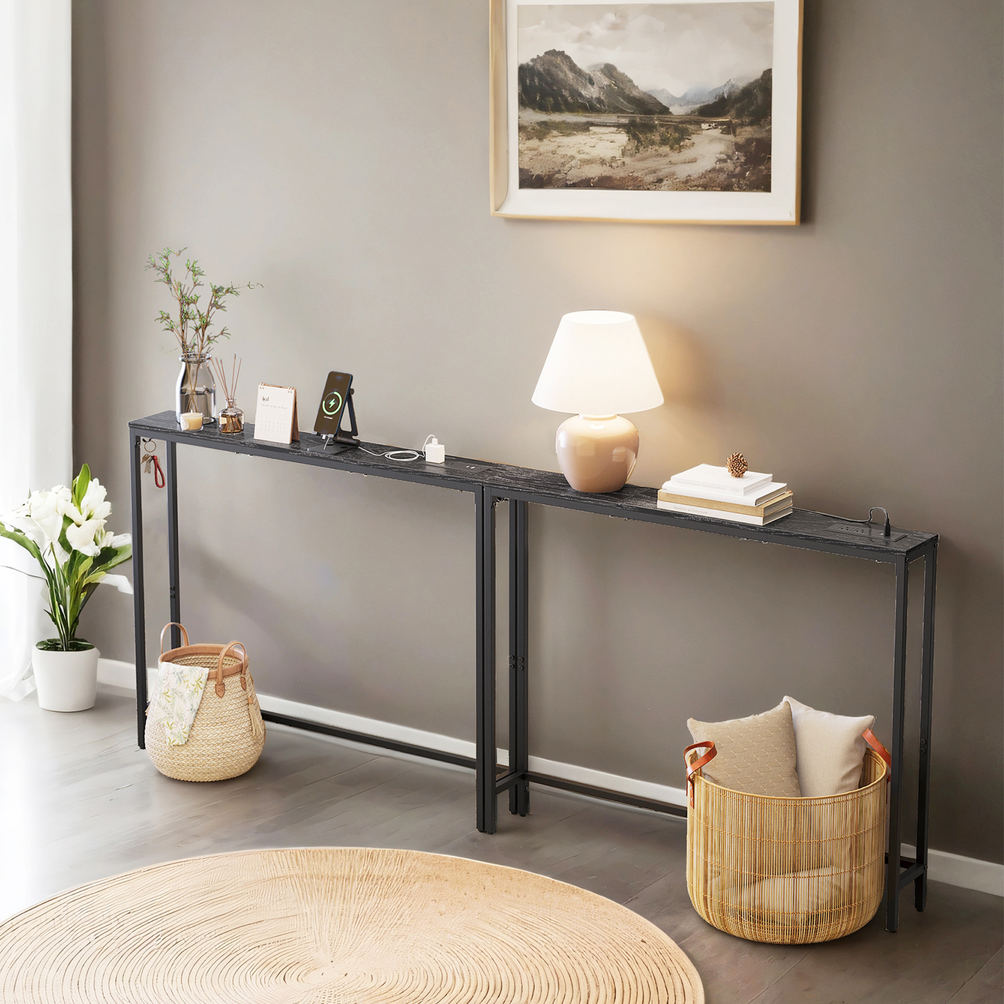 Set of 2 Slim Console Tables with Power Outlets, Behind Couch Sofa Tables with USB Ports and Hooks, Ebony Black and Ink Black