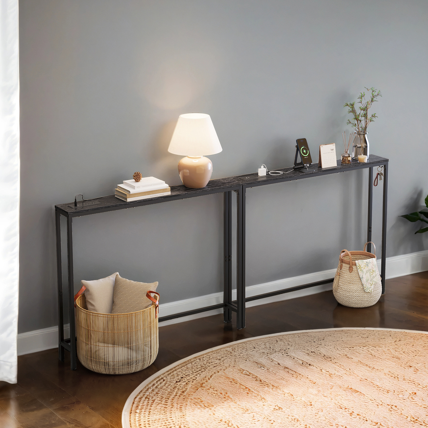 Set of 2 Slim Console Tables with Power Outlets, Behind Couch Sofa Tables with USB Ports and Hooks, Ebony Black and Ink Black