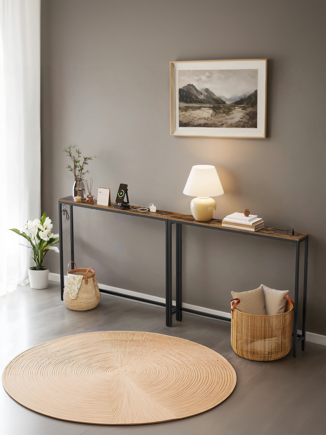 Set of 2 Slim Console Tables with Power Outlets, Behind Couch Sofa Tables with USB Ports and Hooks, Rustic Brown and Ink Black