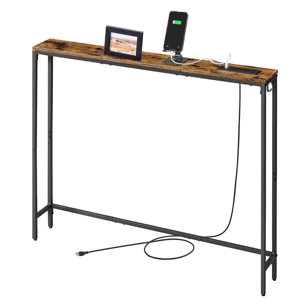 LEDREM Console Table with Power Outlet, Slim Behind Couch Table, One Piece Top, for Entryway, Tan and Black