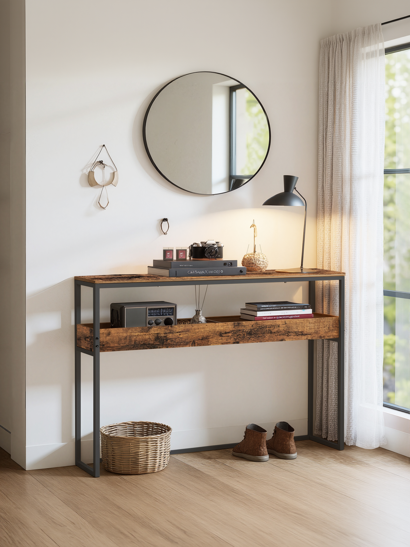 2-Tier Narrow Console Table, Semi-Open Compartment Entryway Table for Hallway and Living Room, Rustic Brown and Ink Black