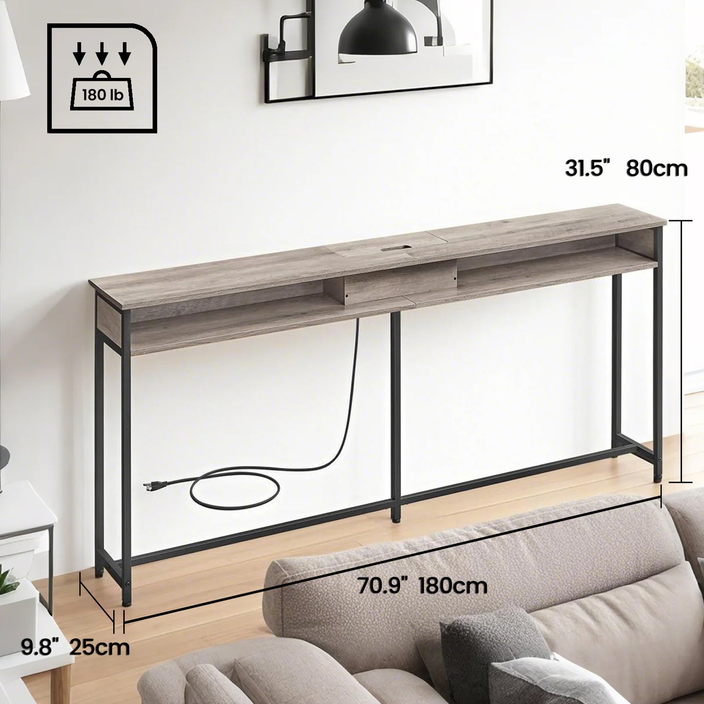 70.9-Inch Slim Console Table with Charging Station, 2 AC Outlets & 2 USB Ports, Behind Couch Table for Entryway & Living Room, Heather Greige and Black