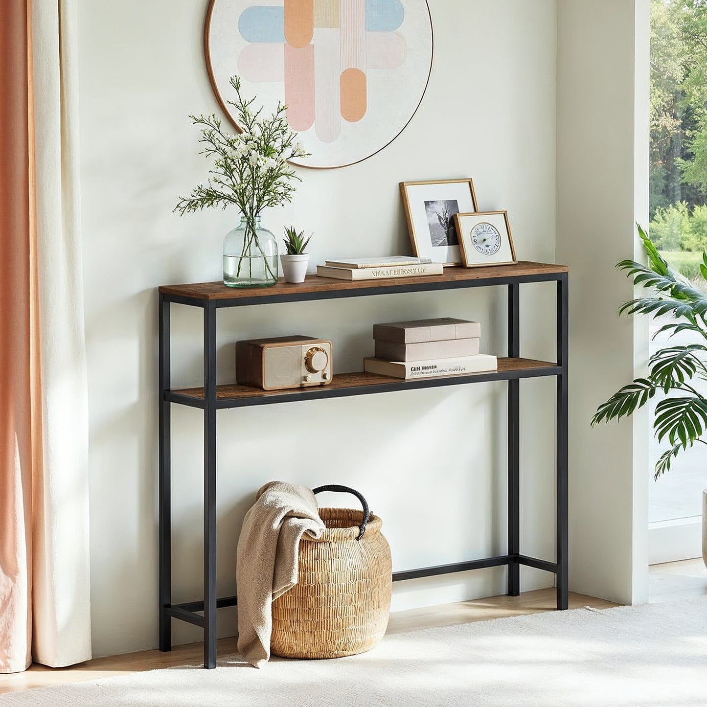 31.5" Modern 2-Tier Console Table, Narrow Sofa Table with Adjustable Feet for Entryway, Living Room, Rustic Brown and Black