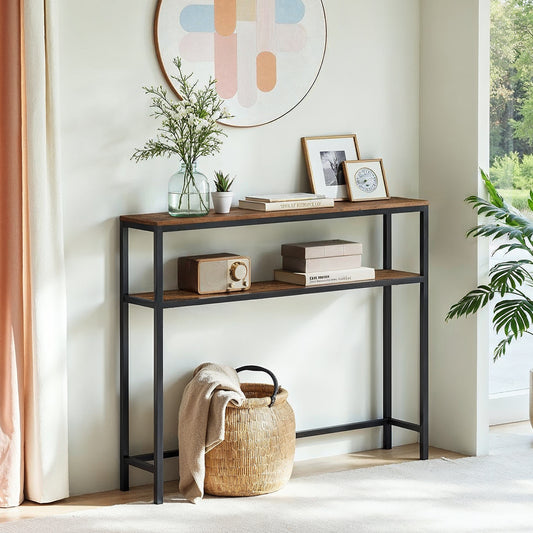 31.5" Modern 2-Tier Console Table, Narrow Sofa Table with Adjustable Feet for Entryway, Living Room, Rustic Brown and Black