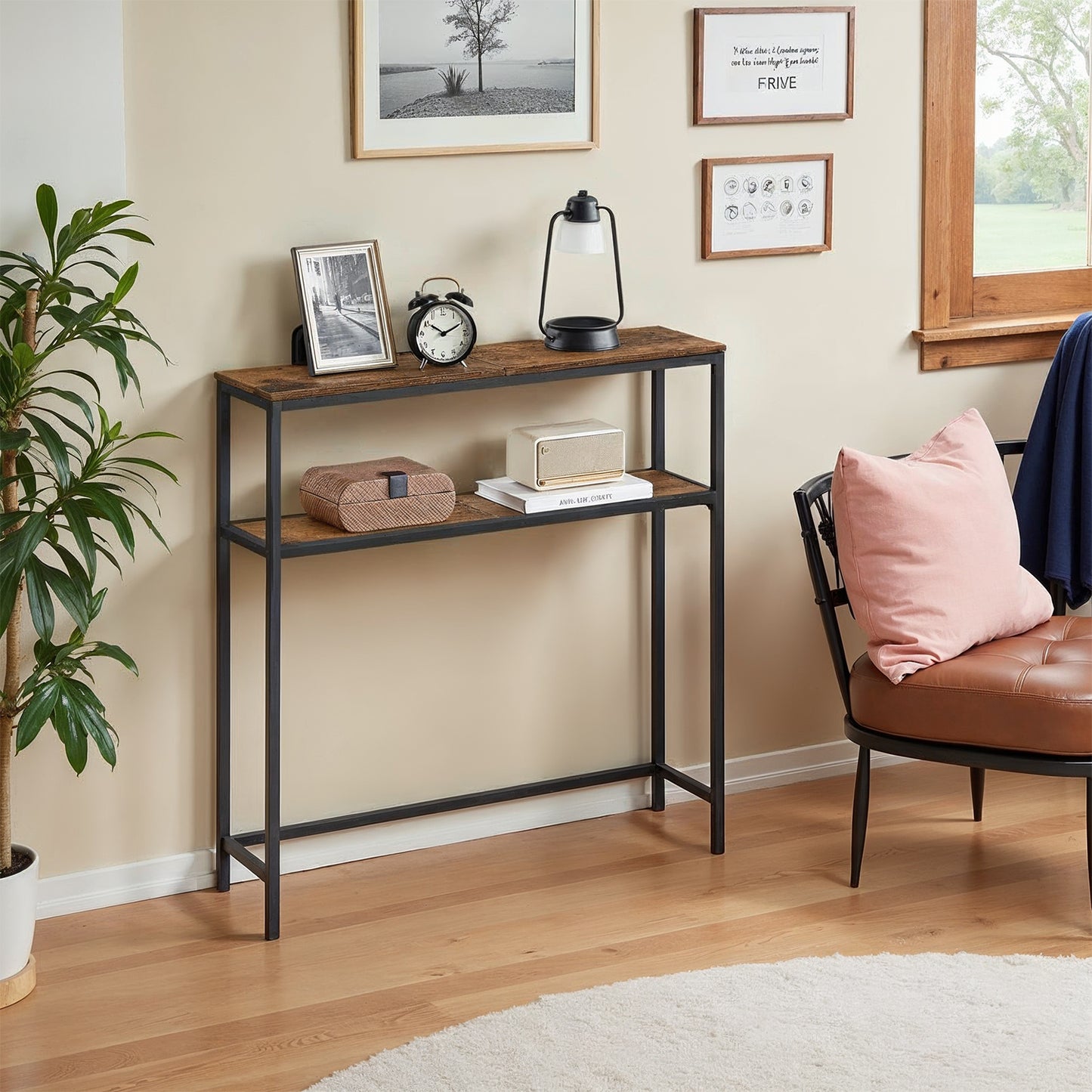 31.5" Modern 2-Tier Console Table, Narrow Sofa Table with Adjustable Feet for Entryway, Living Room, Rustic Brown and Black